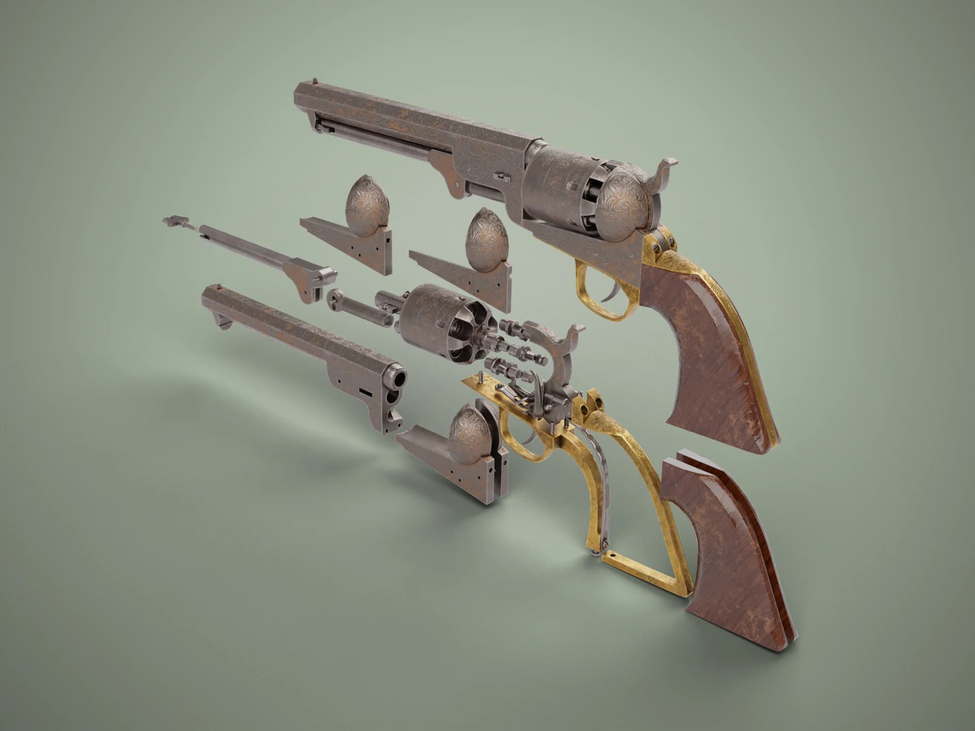1851 Navy Percussion Revolver with Parts 3D Model