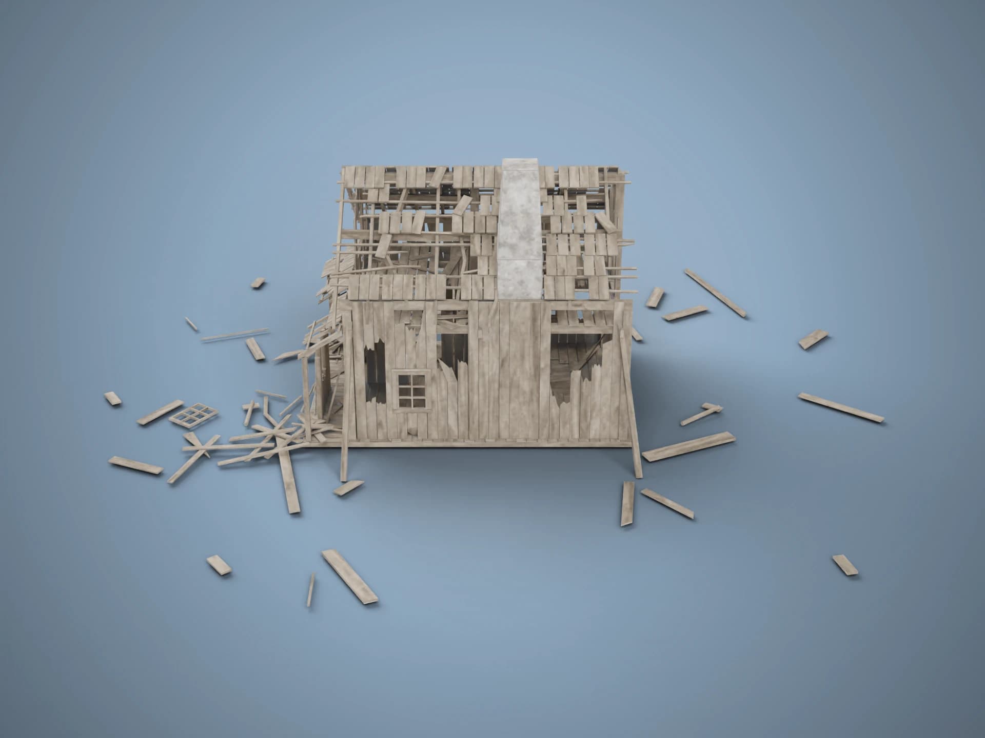 Collapsed Abandoned Wooden House 3D Model