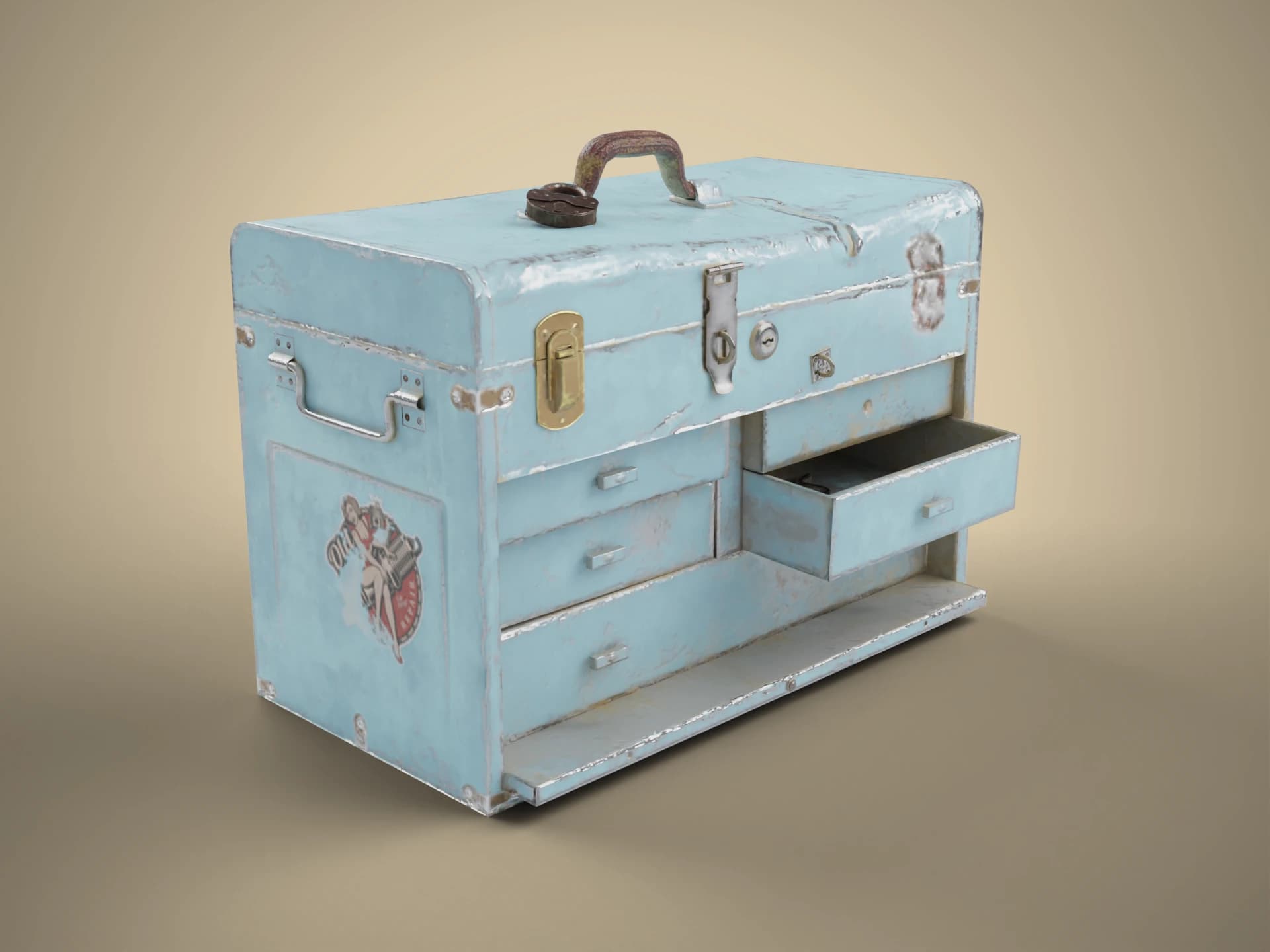 Old Battered Metal Tool Box with Drawers 3D Model