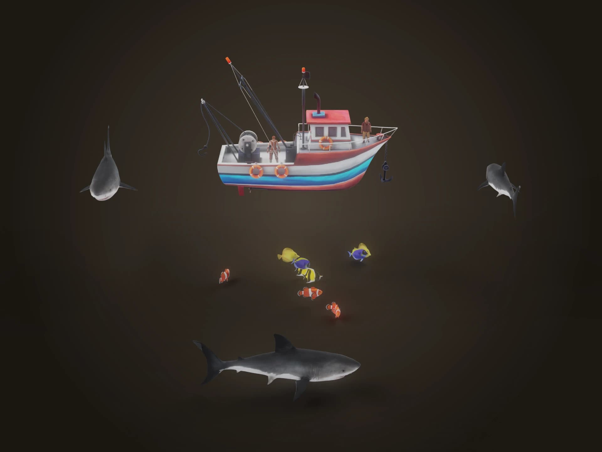 Sharks Circling a Fishing Boat Animated 3D Model