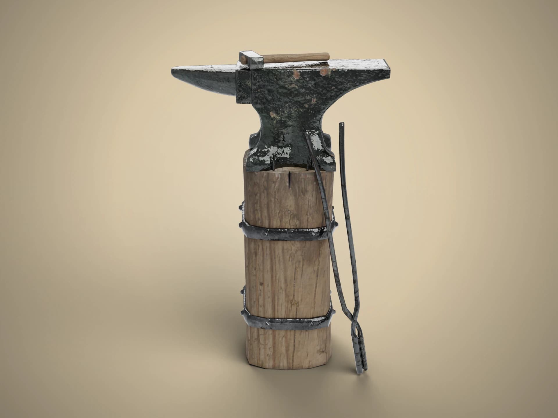 Blacksmith Anvil on Stump with Tongs 3D Model