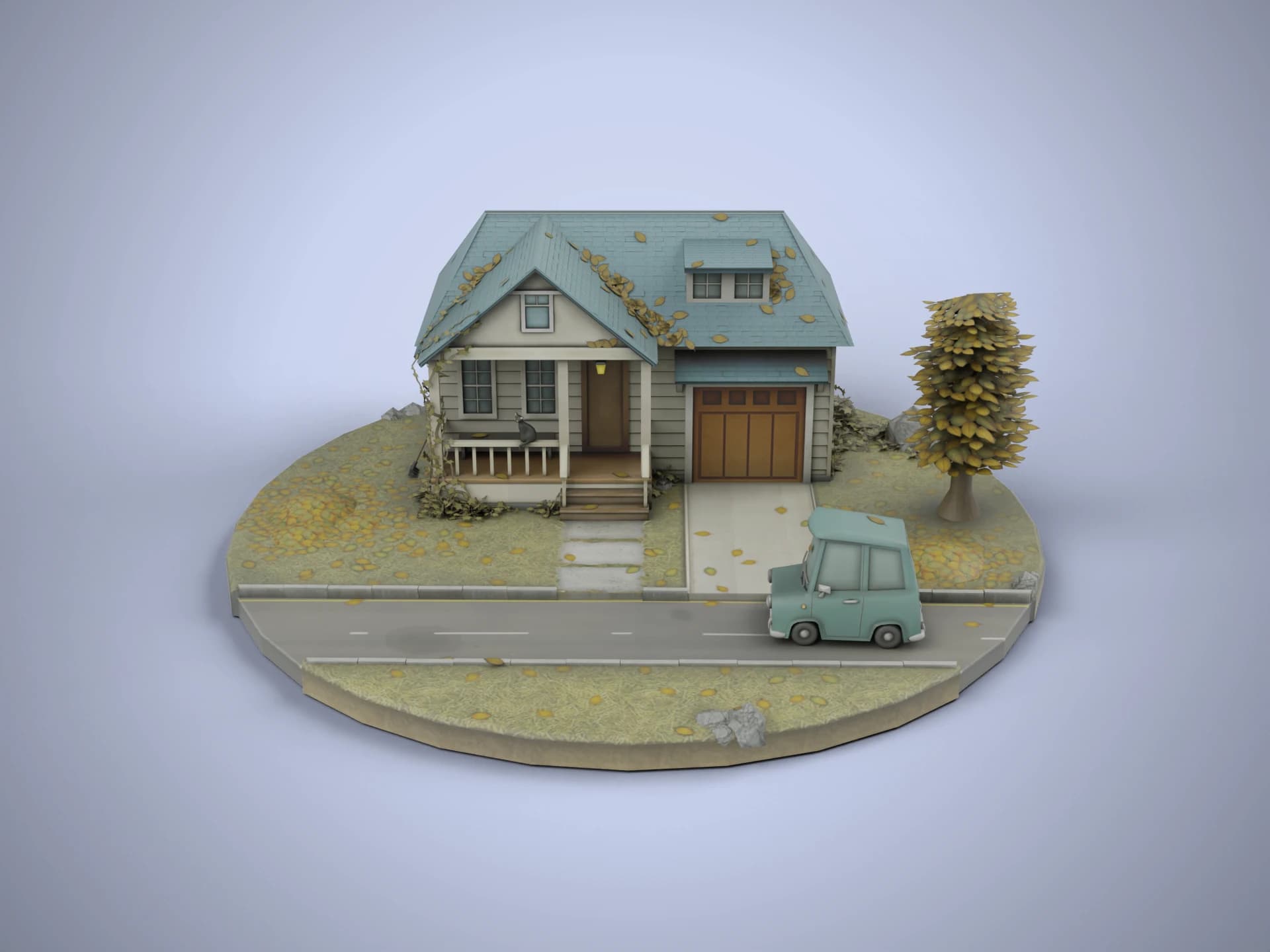 Low Poly Suburban House Autumn Diorama 3D Model