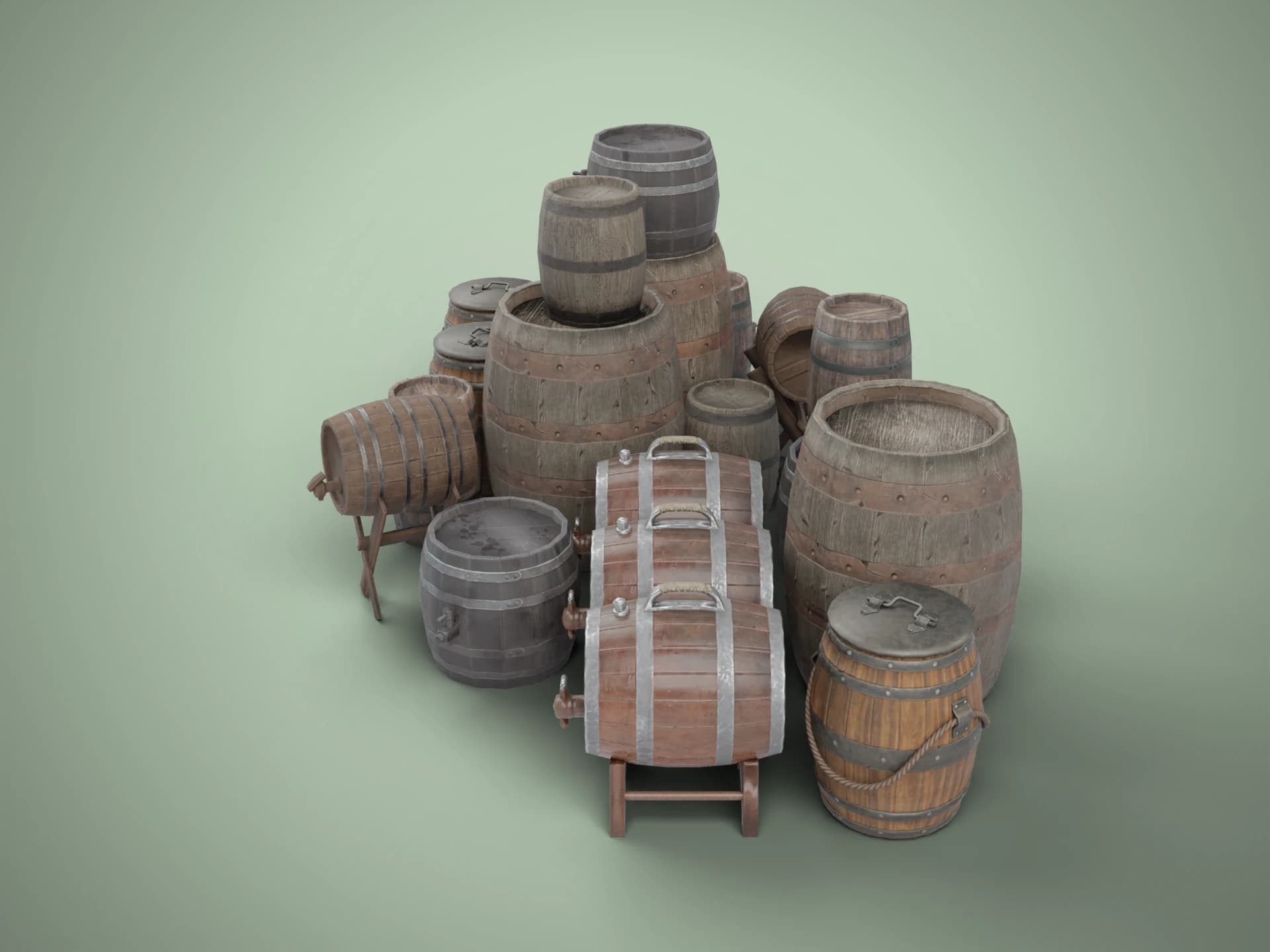 Wooden Barrels Set 3D Model