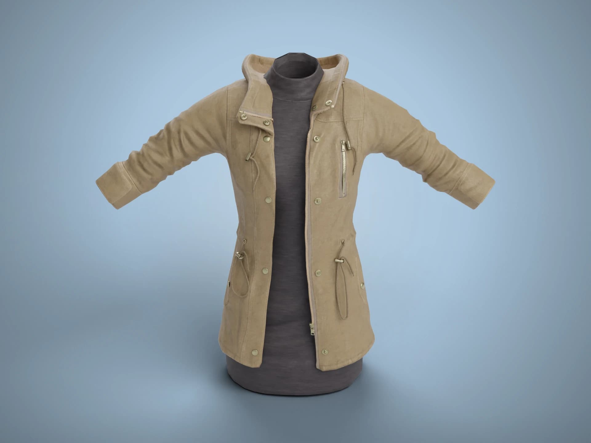 Beige Hooded Parka Jacket 3D Model