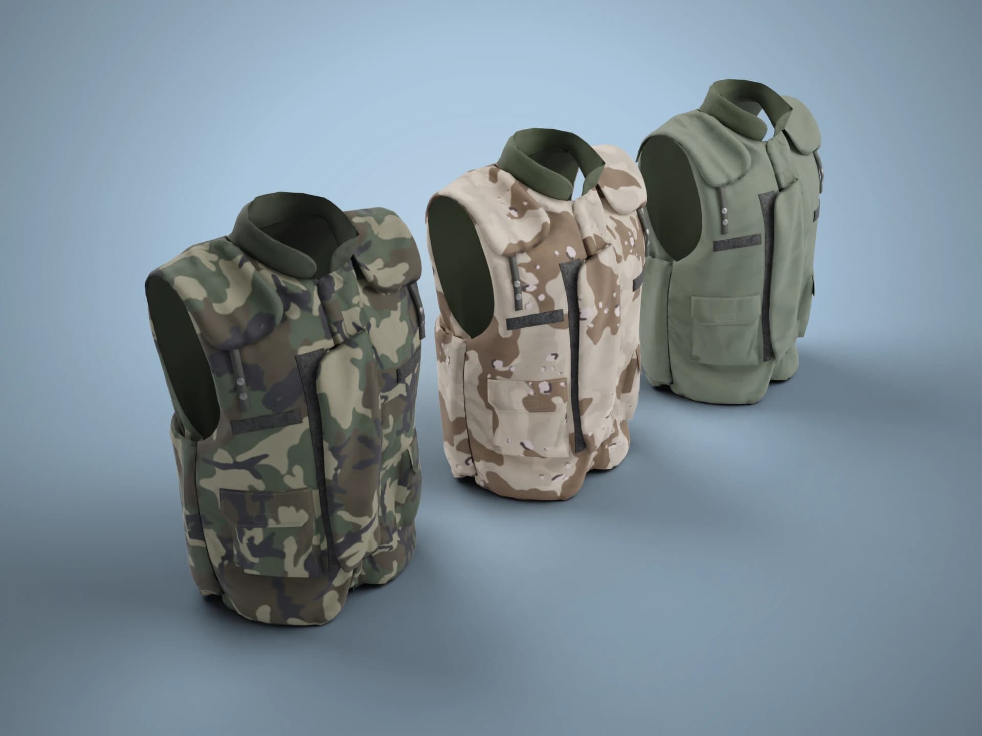Camouflage Flak Jacket Set in Three Colours 3D Model