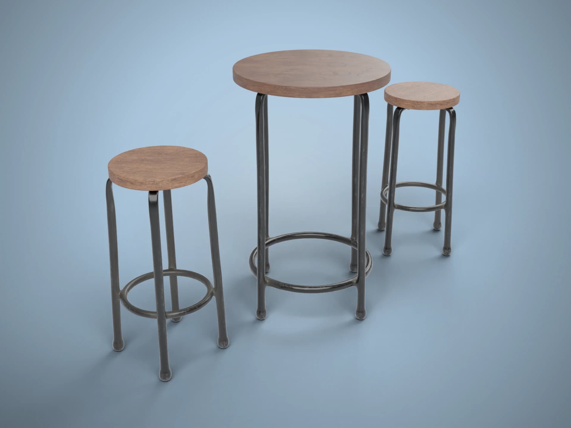 Cafe Bar Table and Stools 3D Model
