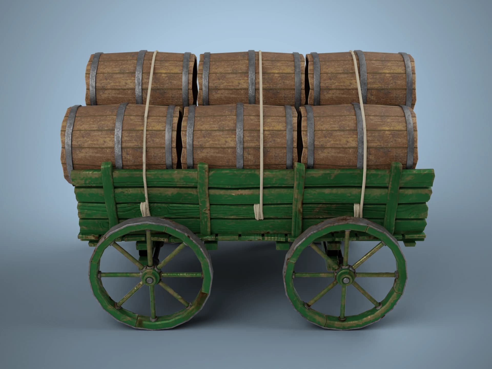 Wooden Cart with Barrels 3D Model