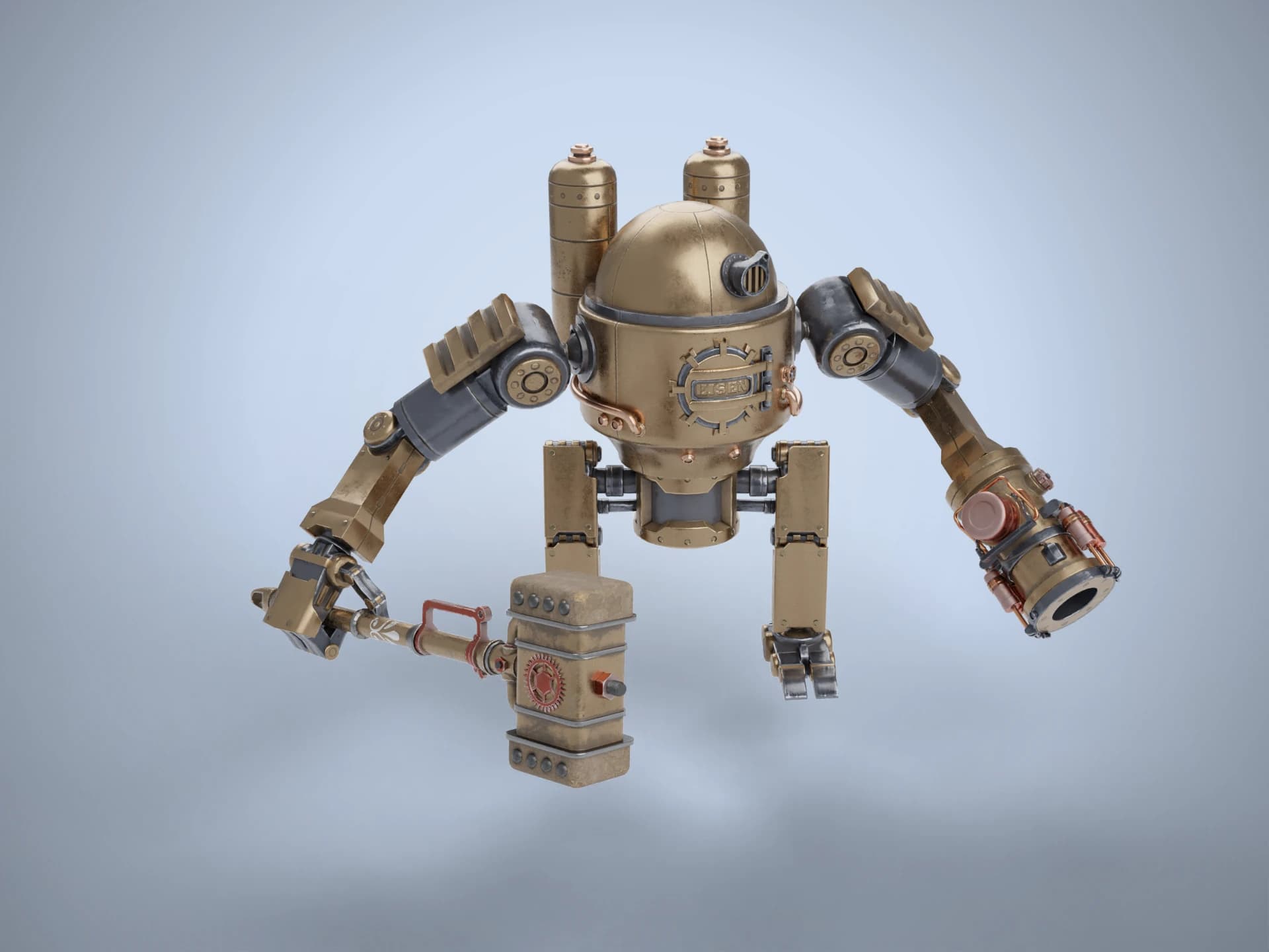 Rigged Steampunk Combat Robot With War Hammer 3D Model