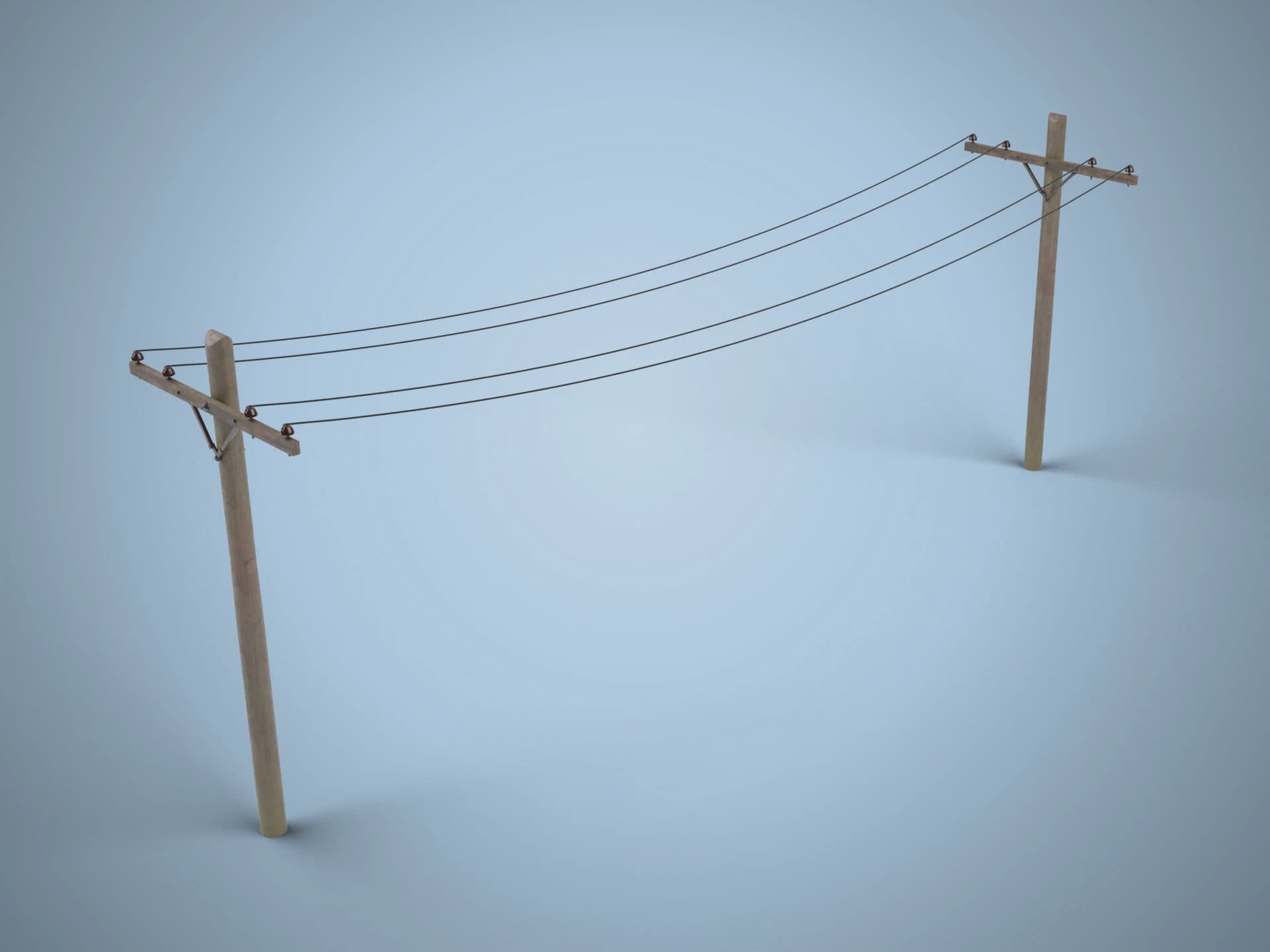 Wooden Electricity Poles with Power Lines 3D Model