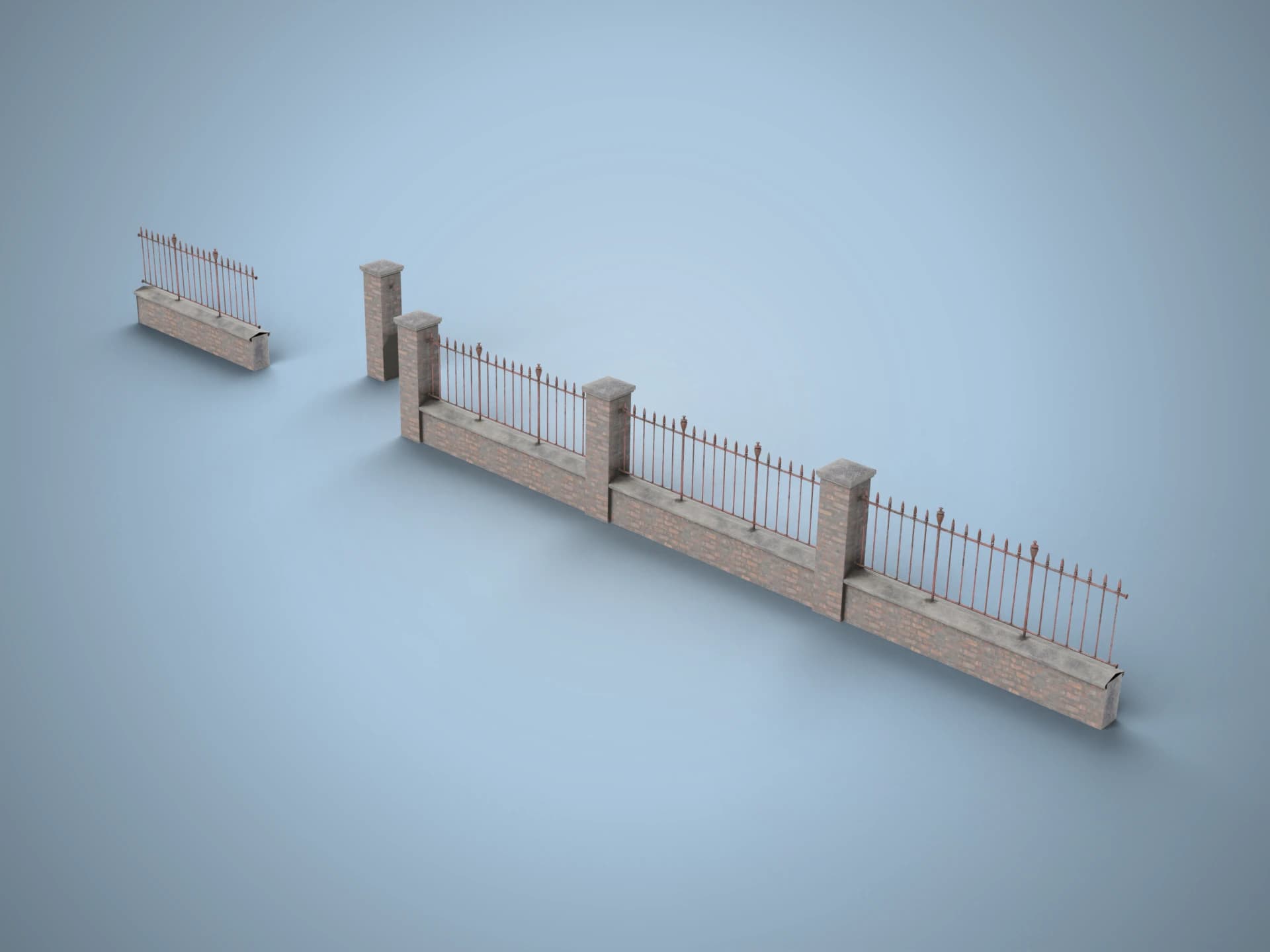 Brick Pillar Retaining Wall with Iron Railings 3D Model