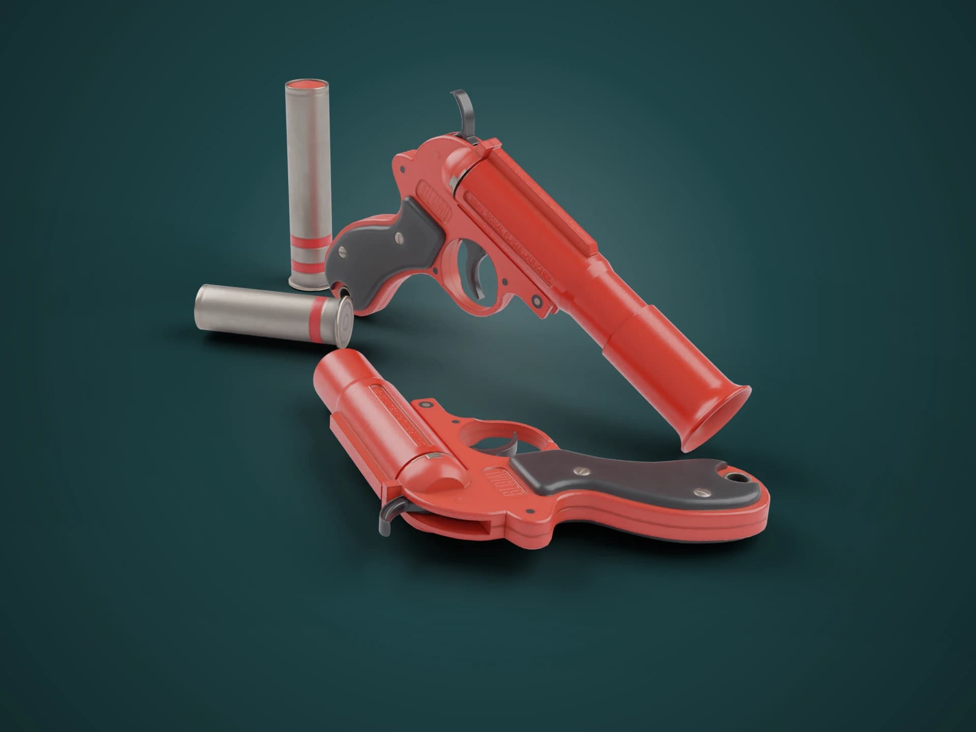 Red Signal Flare Gun With Cartridges 3D Model