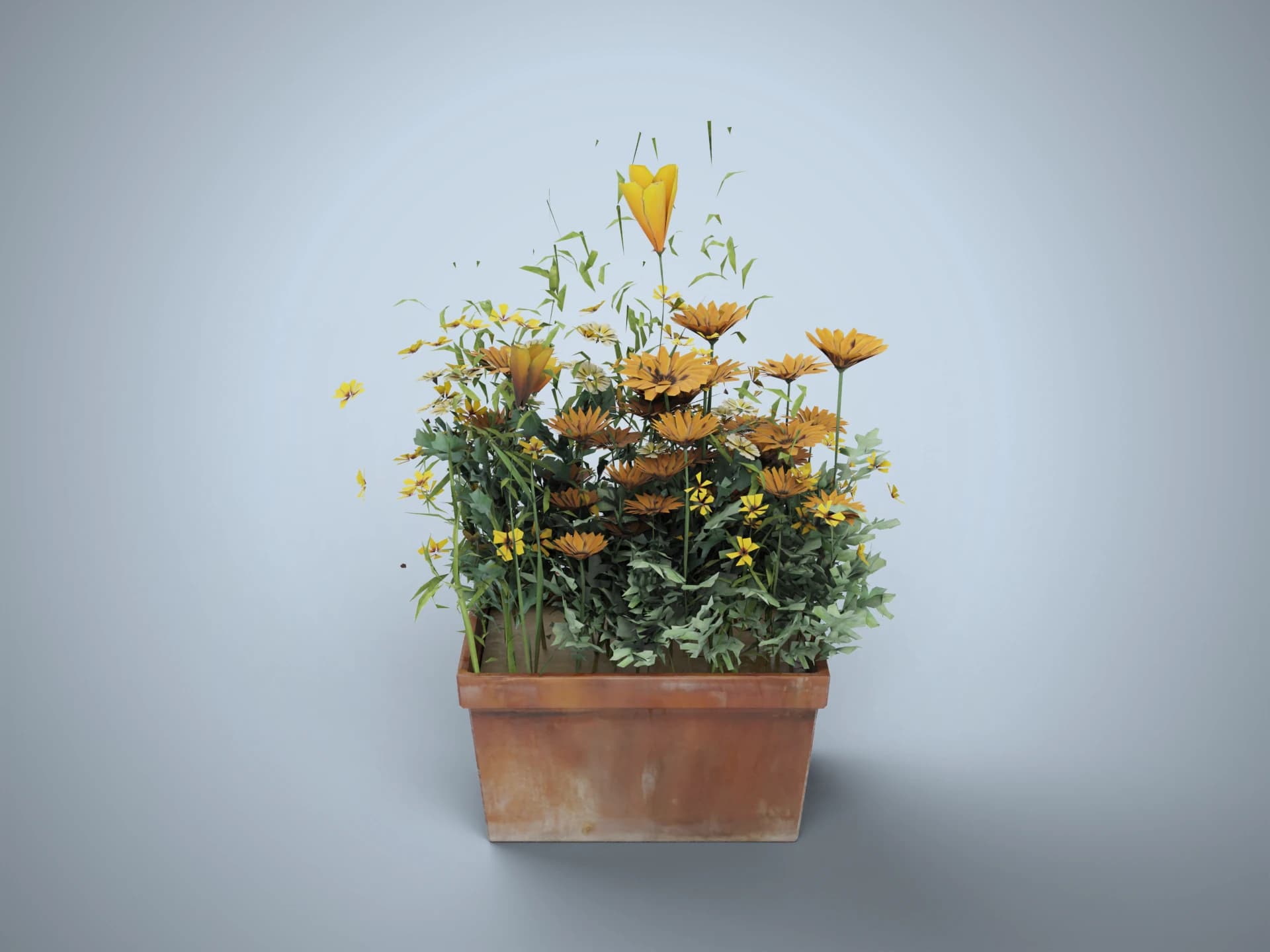 Rusty Planter with Yellow Flowers 3D Model
