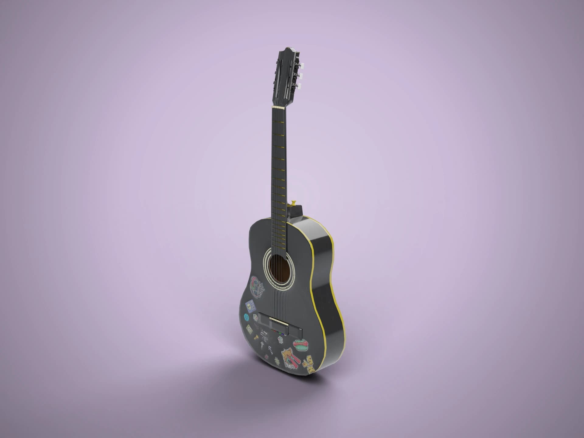 Black Acoustic Guitar with Stickers 3D Model