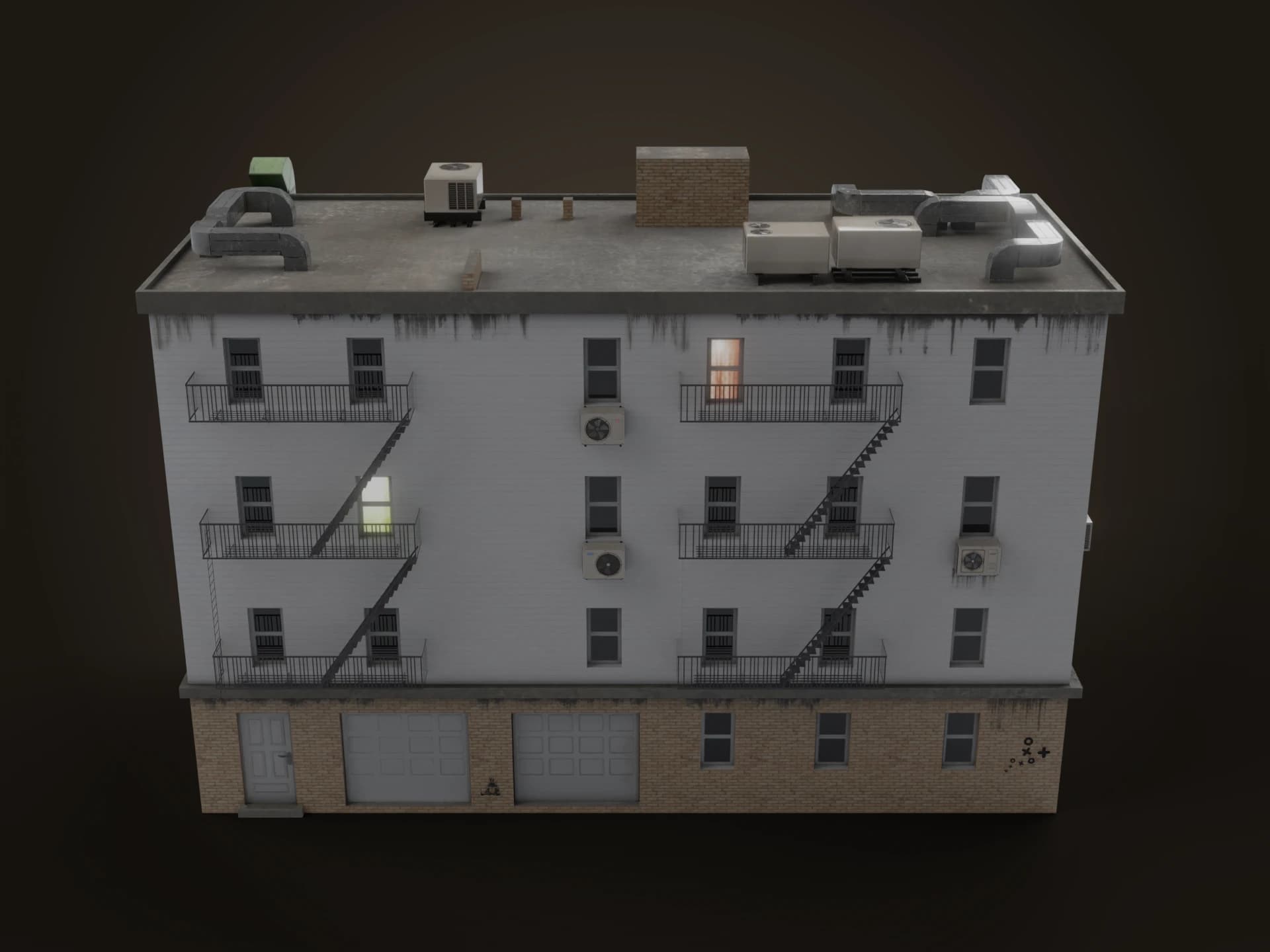 Old City Apartment Building with Fire Escapes 3D Model
