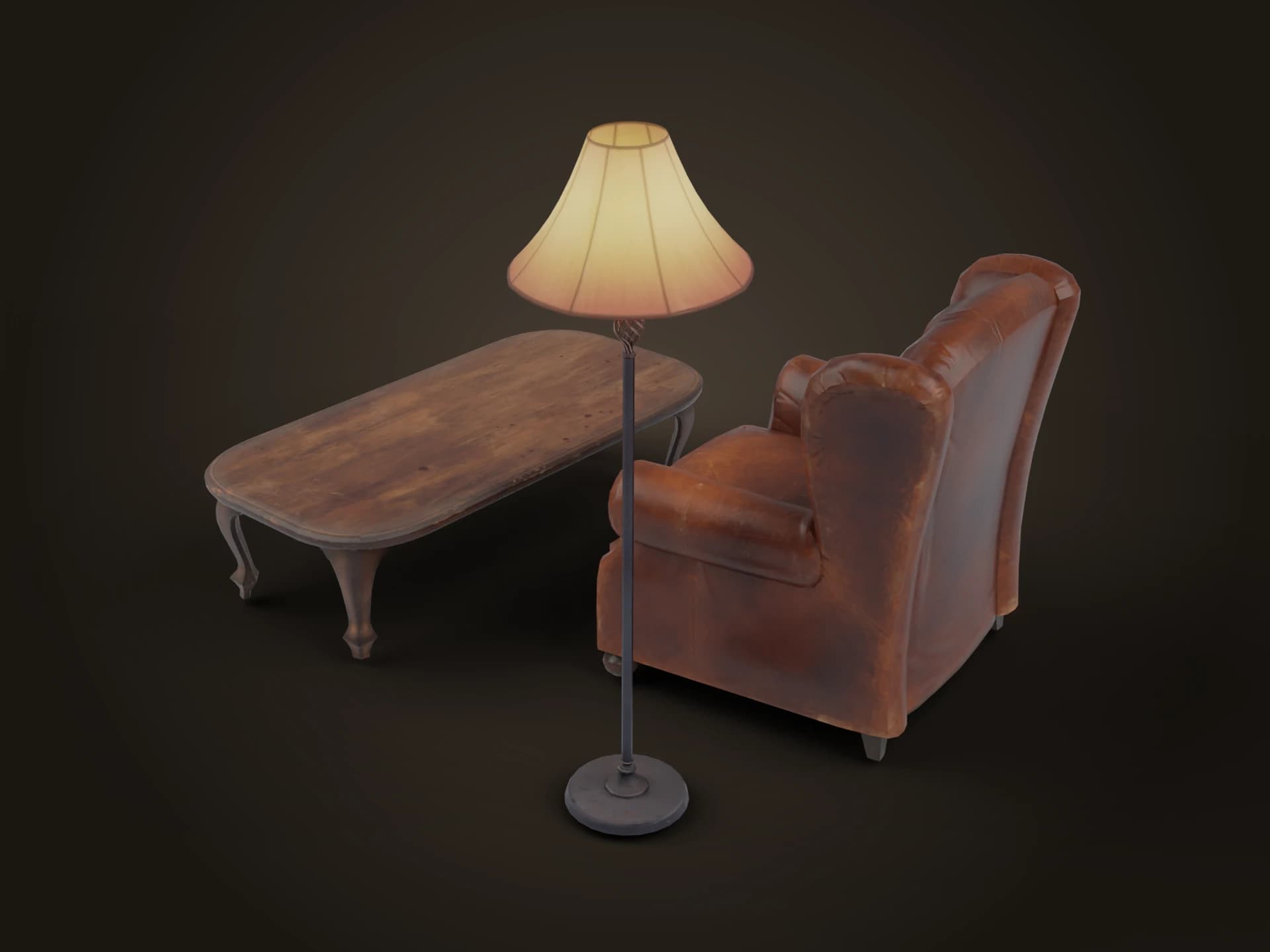 Vintage Leather Armchair, Coffee Table and Floor Lamp 3D Model
