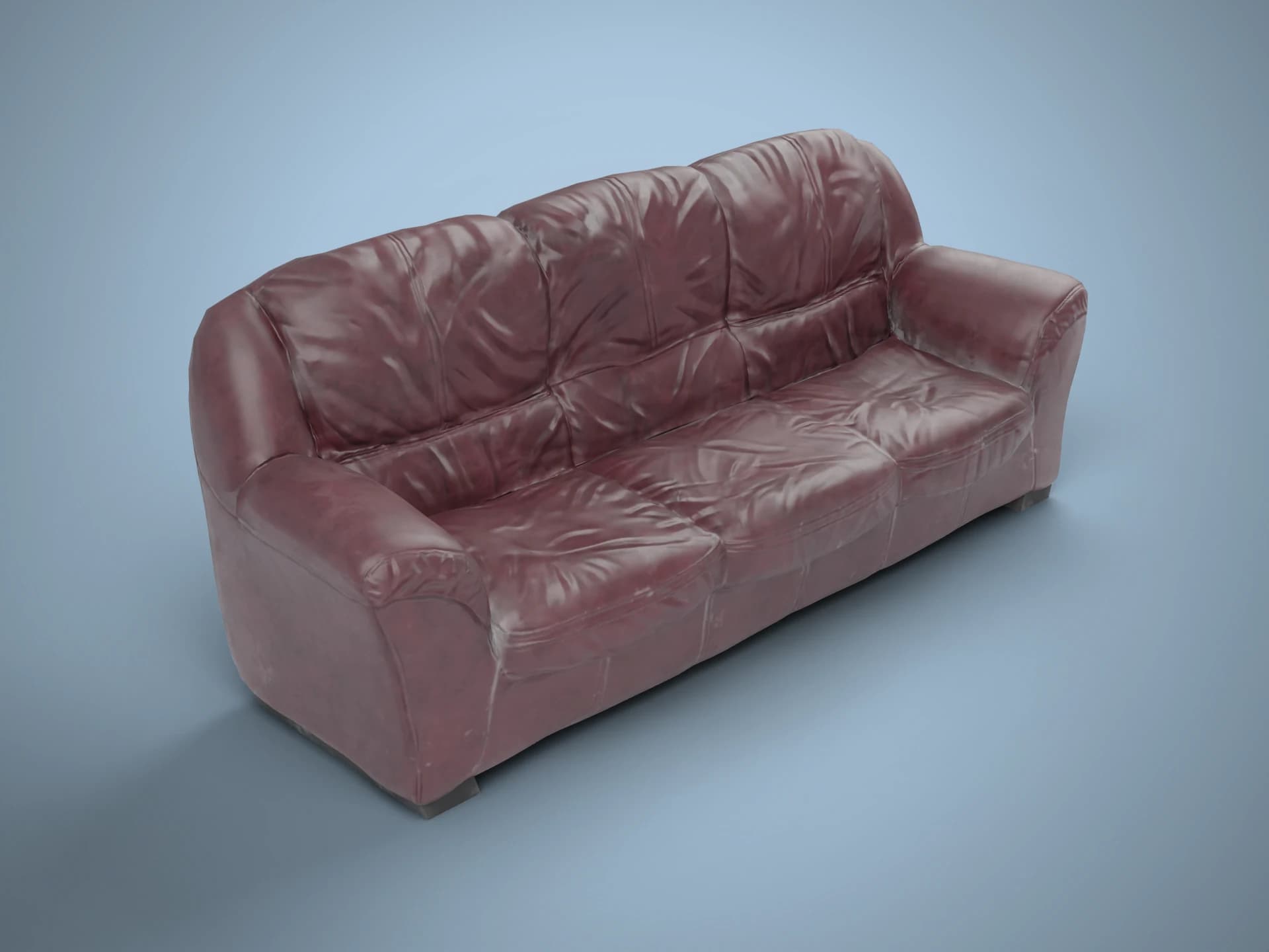 Worn Burgundy Leather Three-Seater Sofa 3D Model