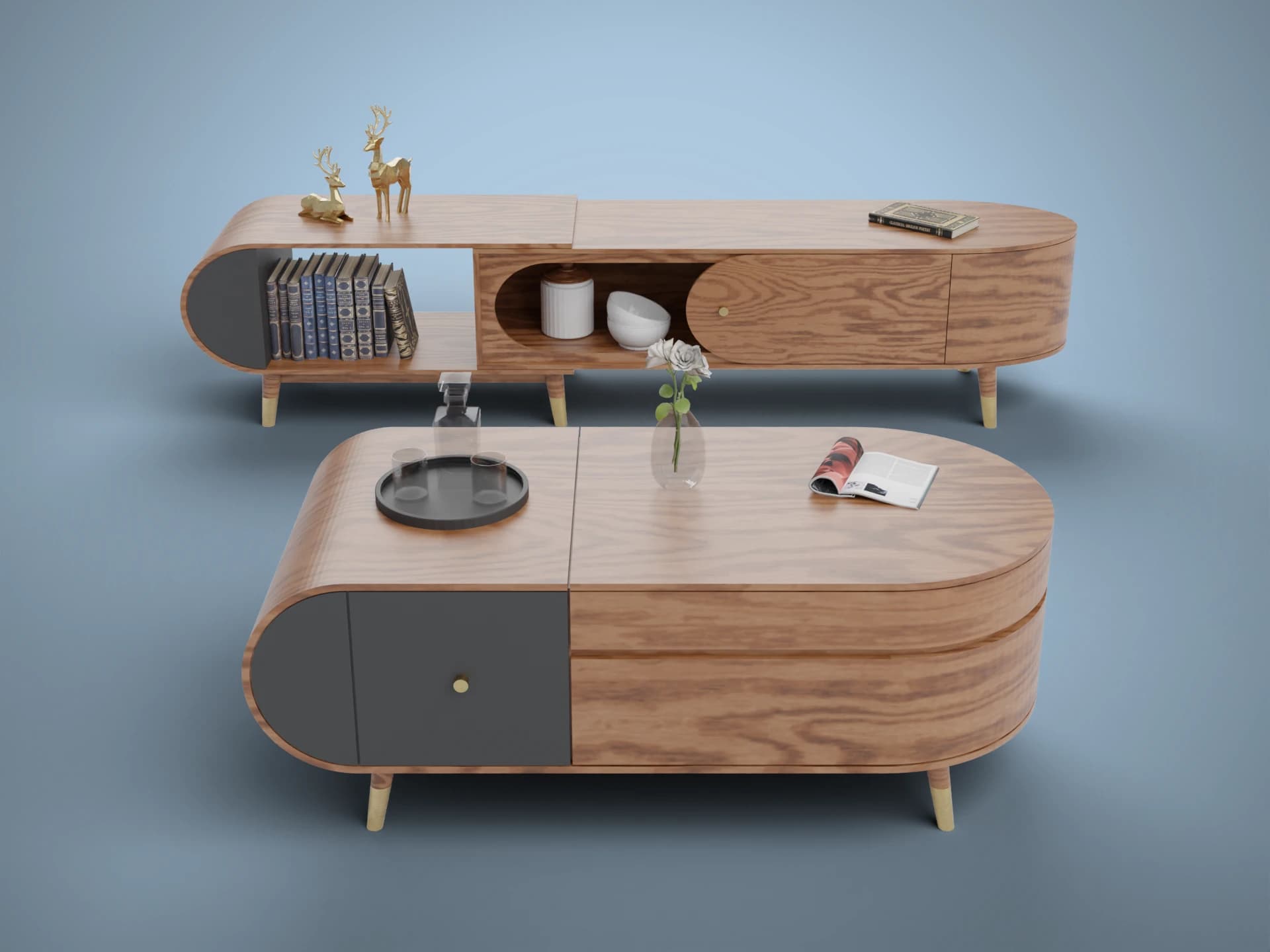 Wooden Coffee Table and TV Stand Set 3D Model