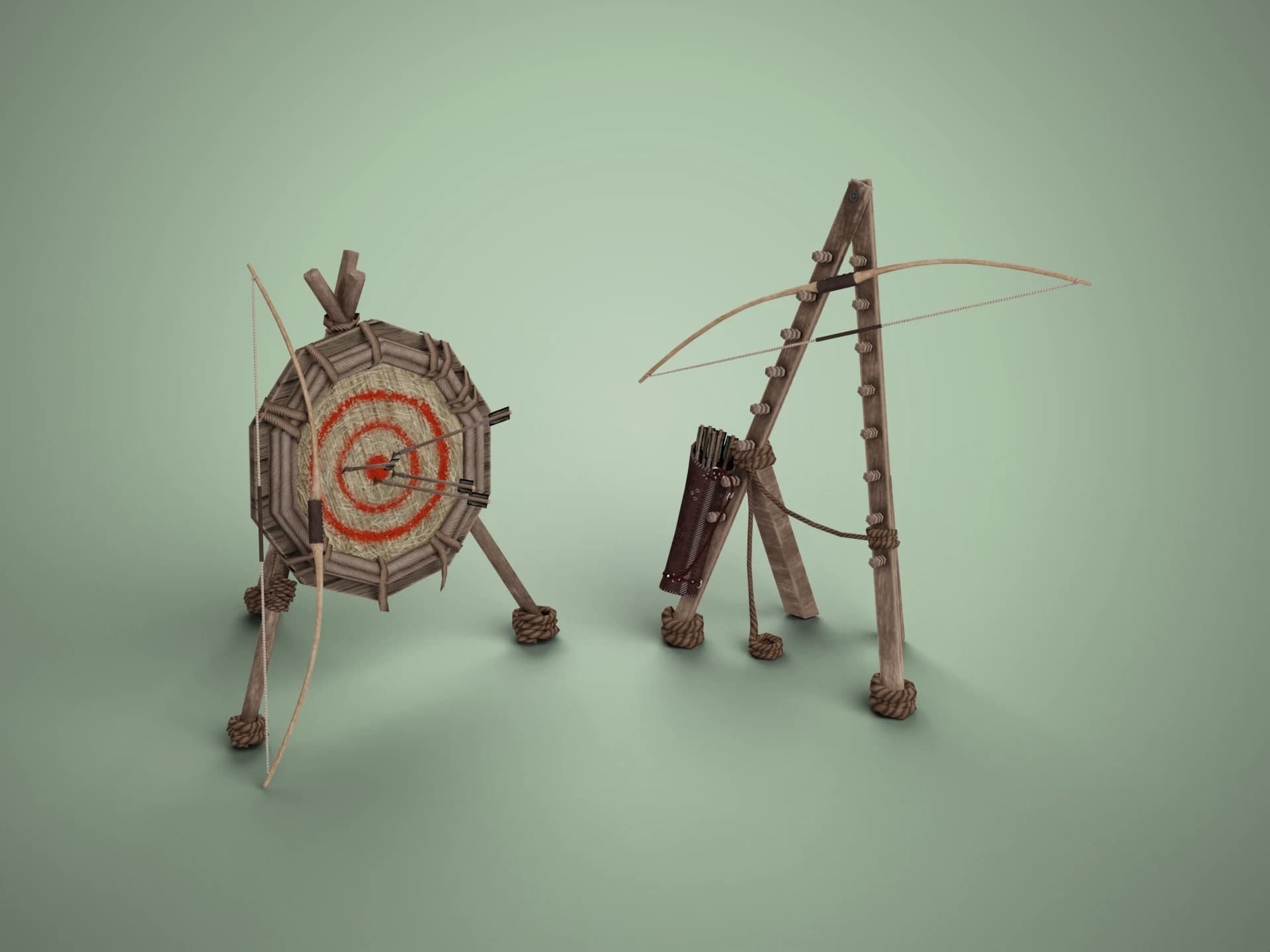 Longbow, Quiver and Archery Target 3D Model