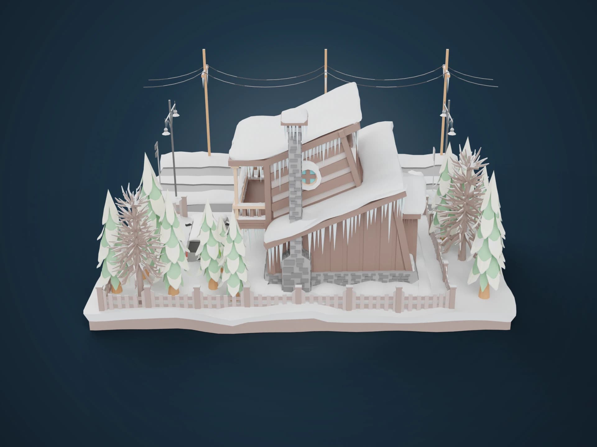 Low Poly Snowy Winter Town Diorama 3D Model