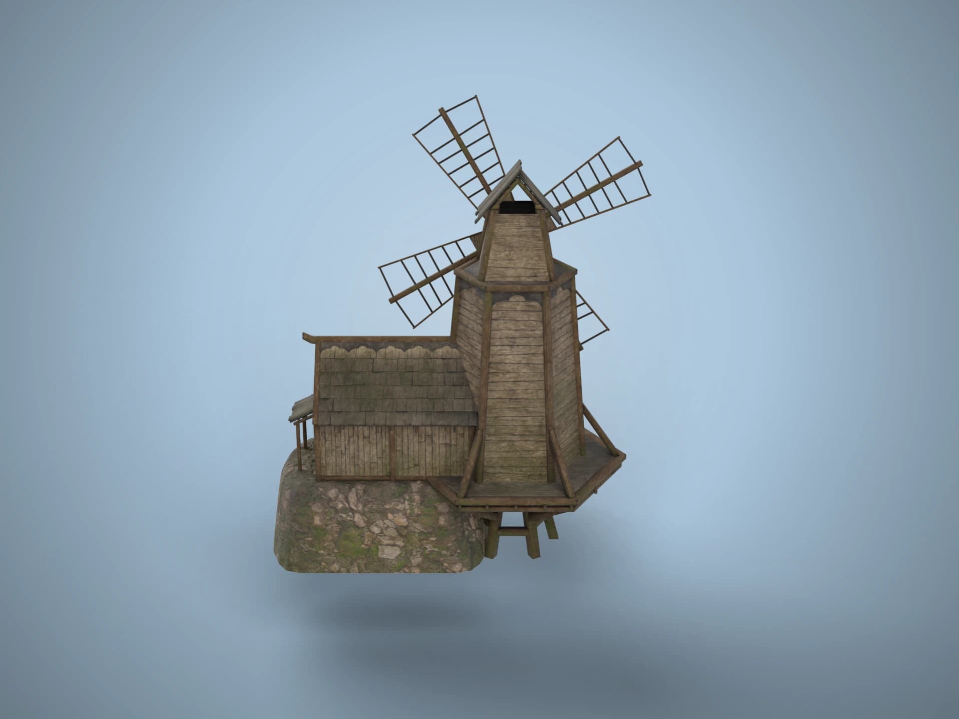 Medieval Wooden Windmill and Mill House 3D Model