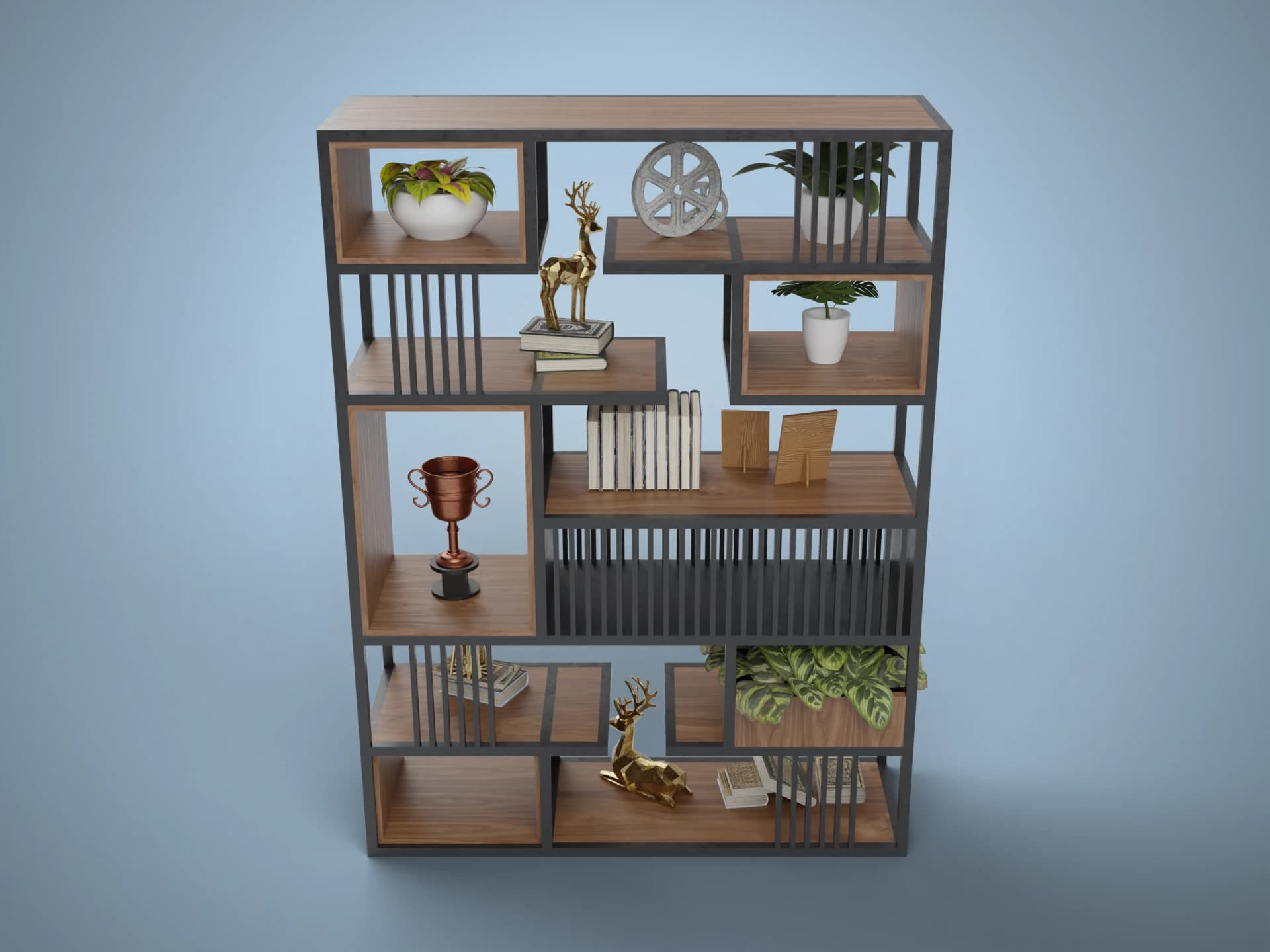 Industrial Metal Frame Bookcase with Decor 3D Model