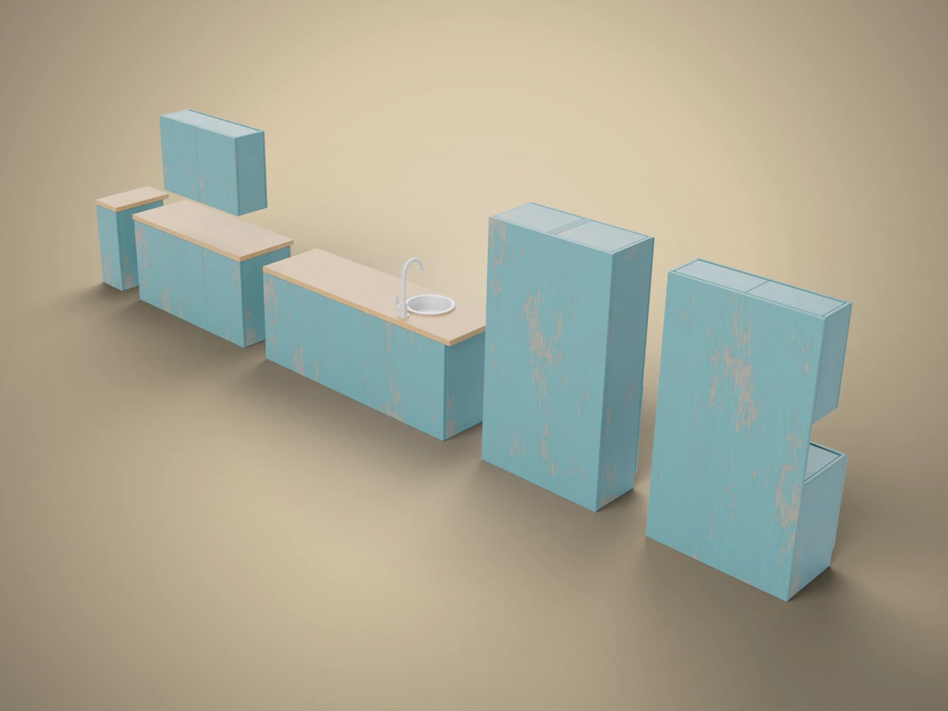 Modular Teal Kitchen Cabinets Set 3D Model