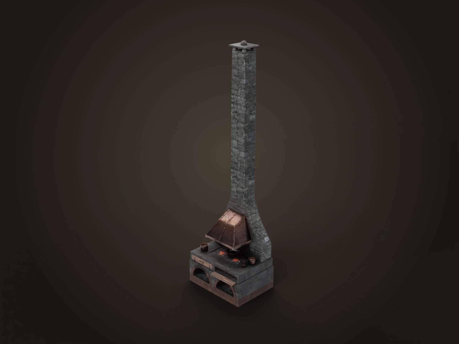 Old Brick Hearth Stove with Chimney 3D Model