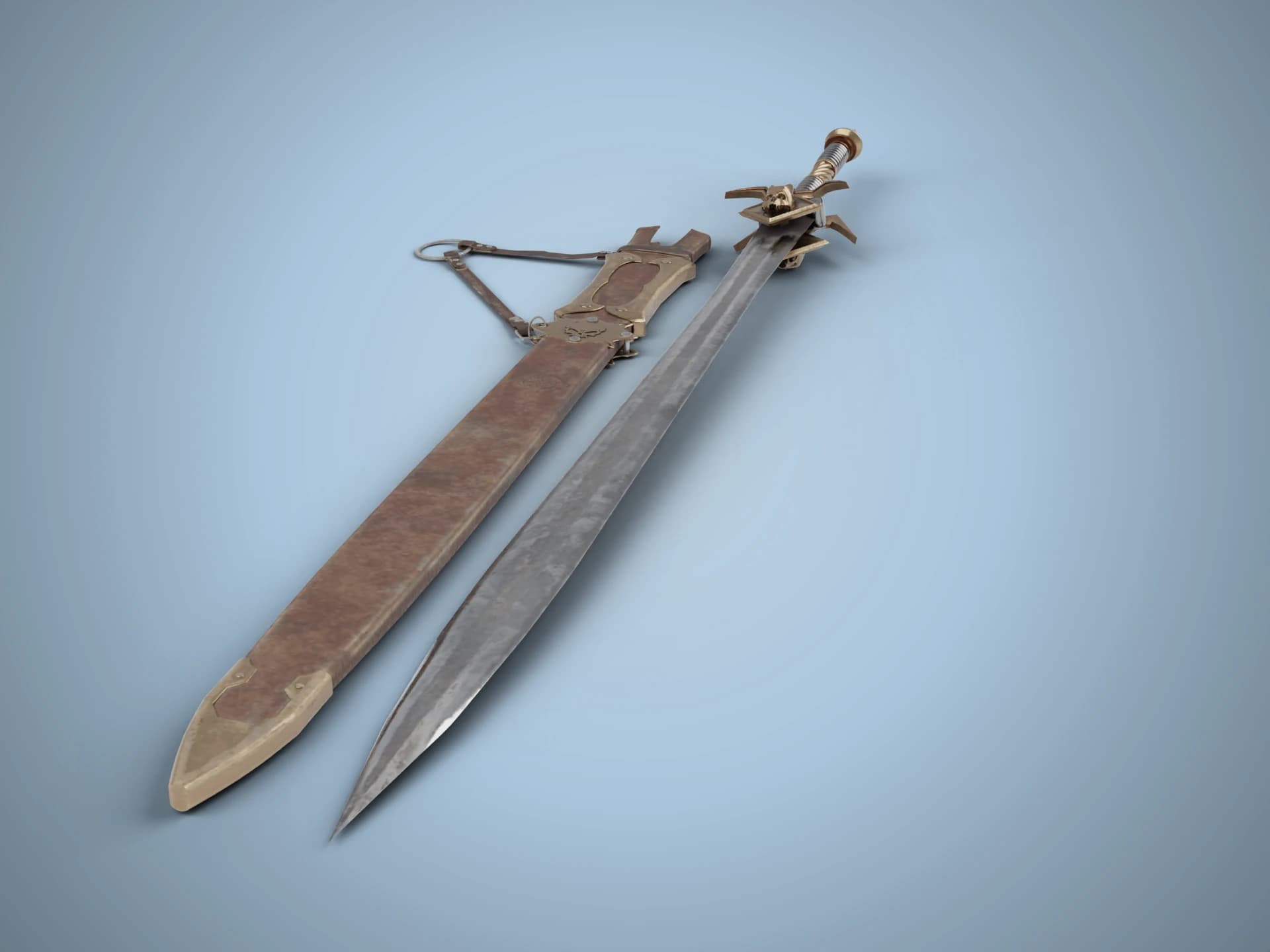 Medieval Sword with Leather Scabbard 3D Model