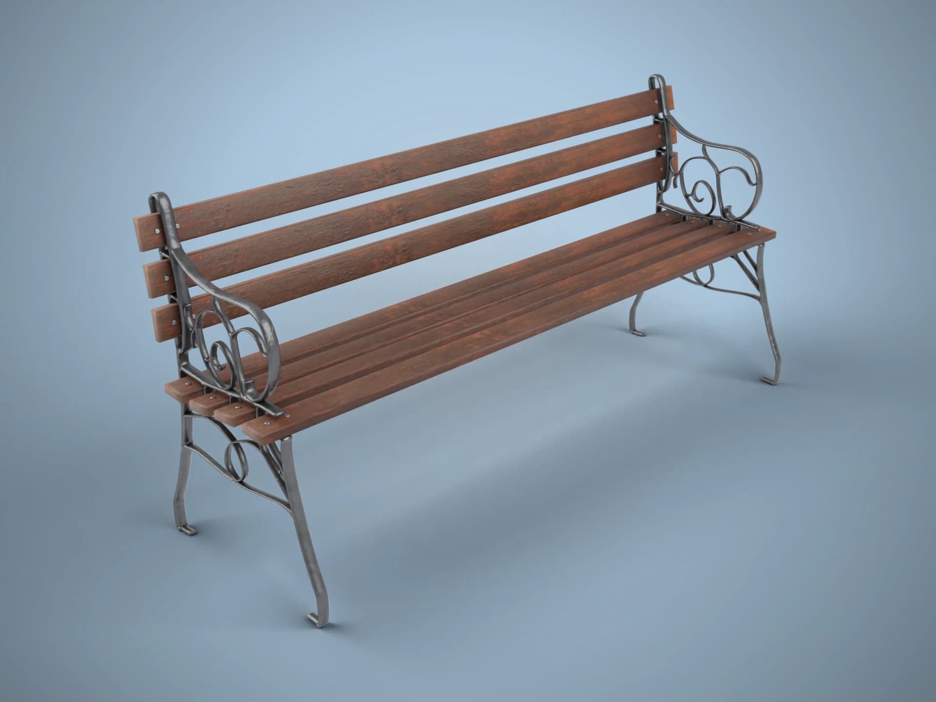 Classic Wooden Park Bench with Iron Frame 3D Model