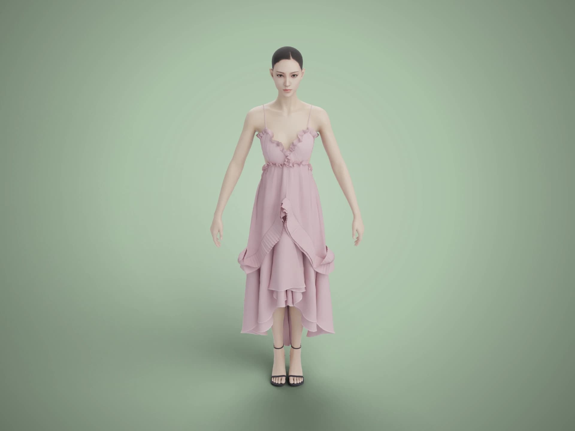 Woman in Pink Tulle Halter Dress 3D Model
