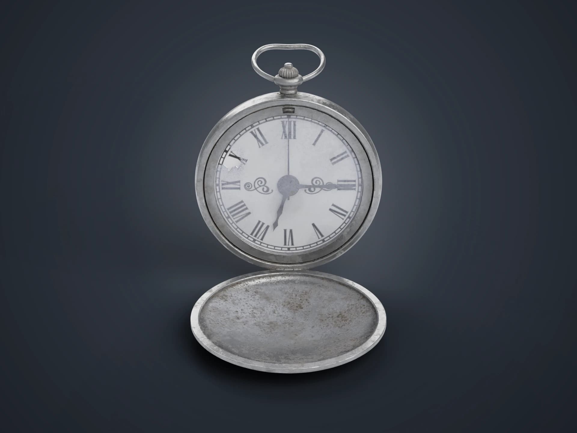 Antique Silver Pocket Watch with Cracked Glass 3D Model