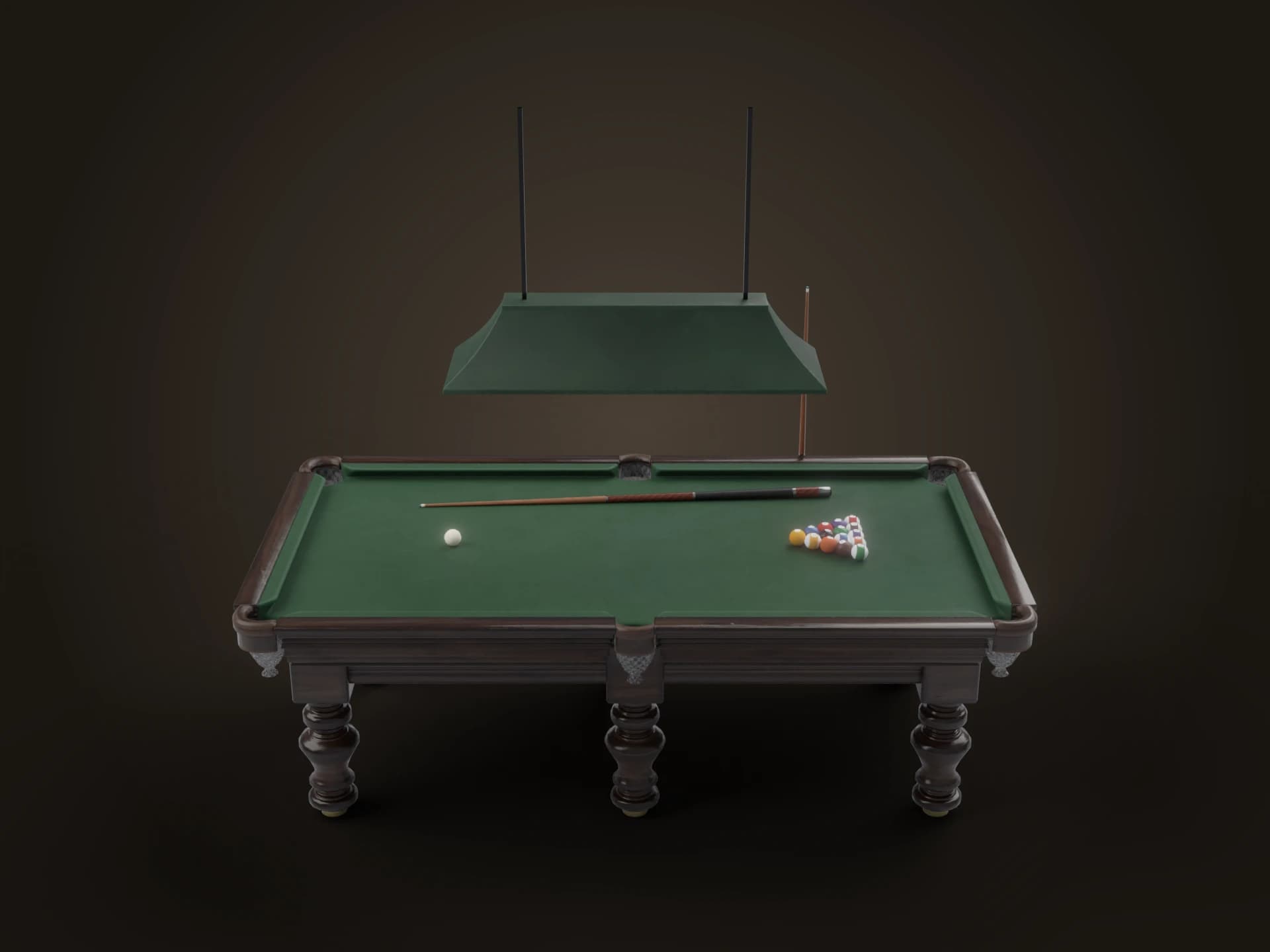 Traditional Pool Table with Cue and Lamp 3D Model