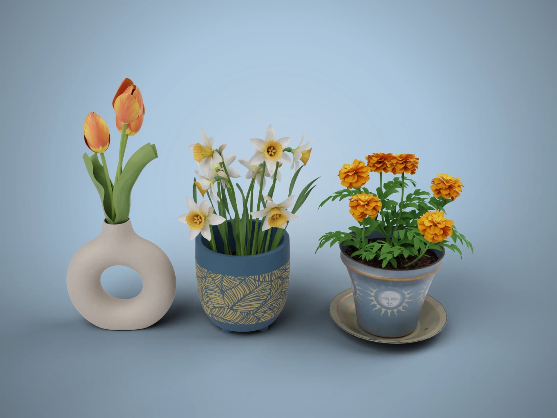 Spring Flower Pots and Vase Set 3D Model