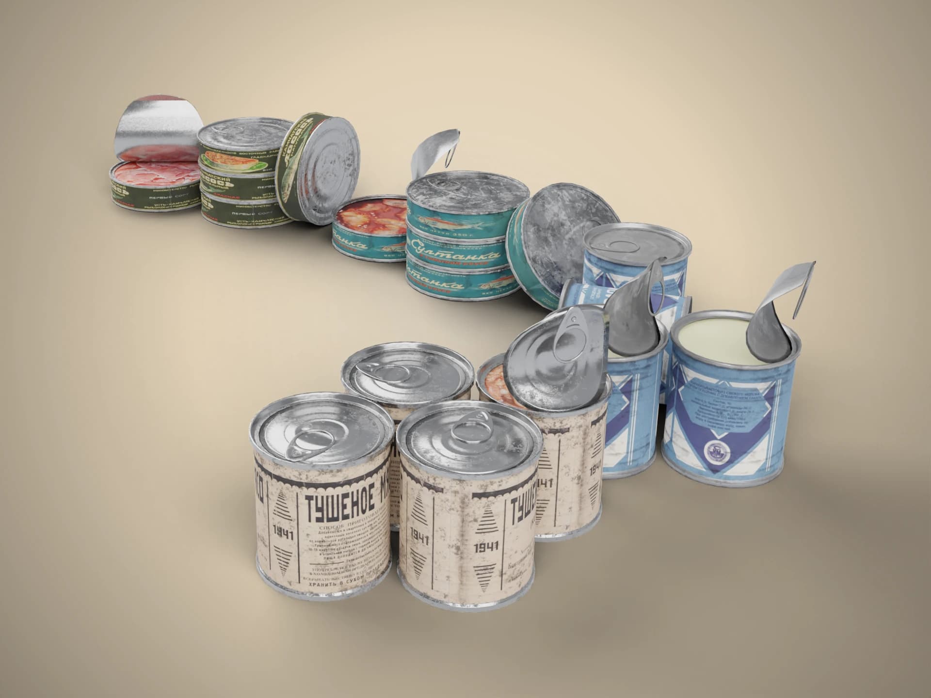 Vintage Soviet Tin Cans Set 3D Model