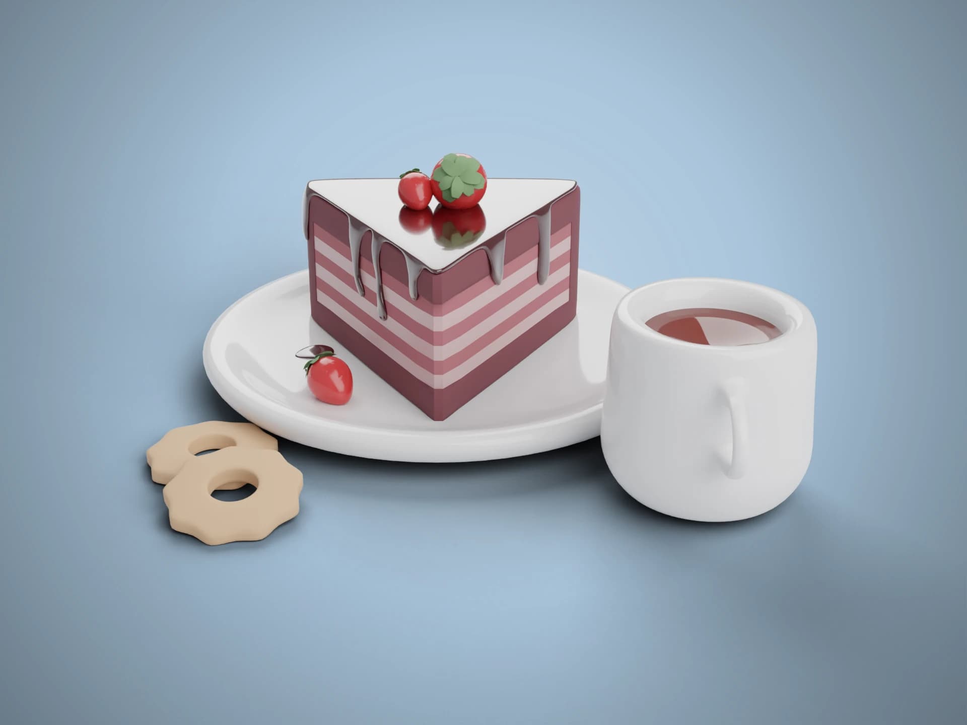Strawberry Chocolate Cake Slice with Coffee 3D Model