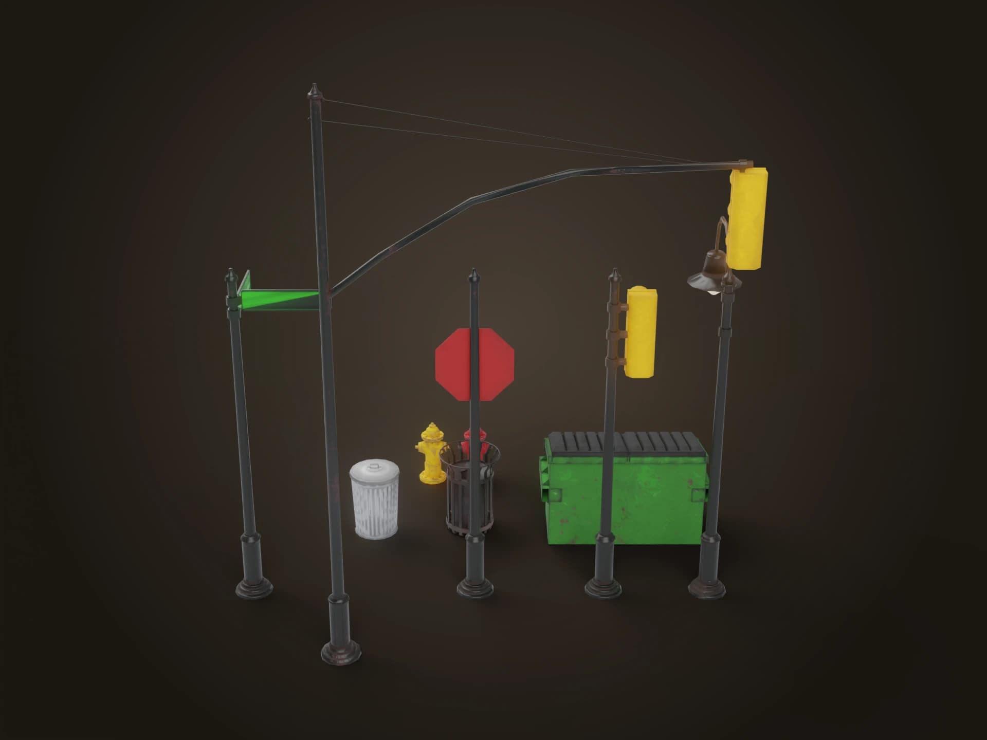 City Street Props Set with Traffic Lights and Dumpster 3D Model