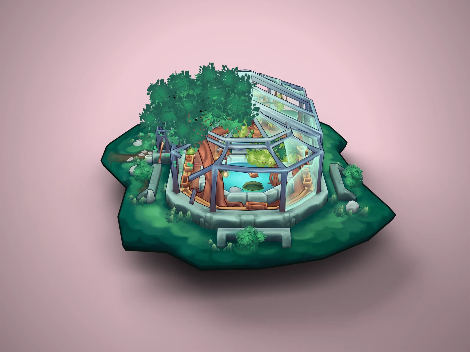 Stylized Botanical Greenhouse Diorama 3D Model