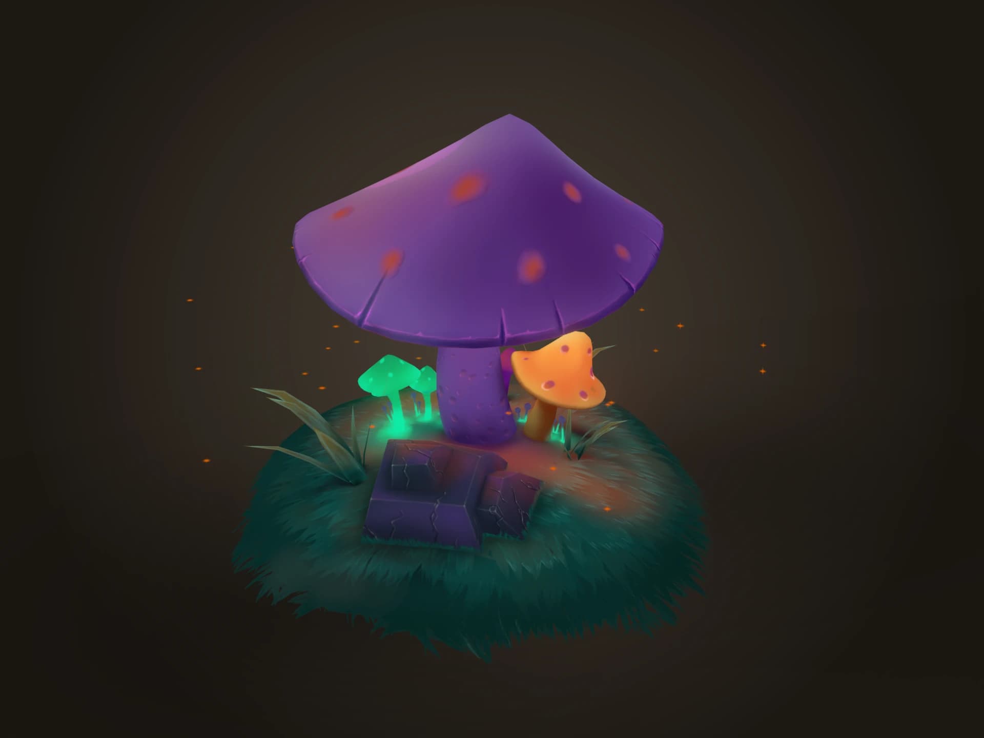 Glowing Fantasy Mushrooms Diorama 3D Model