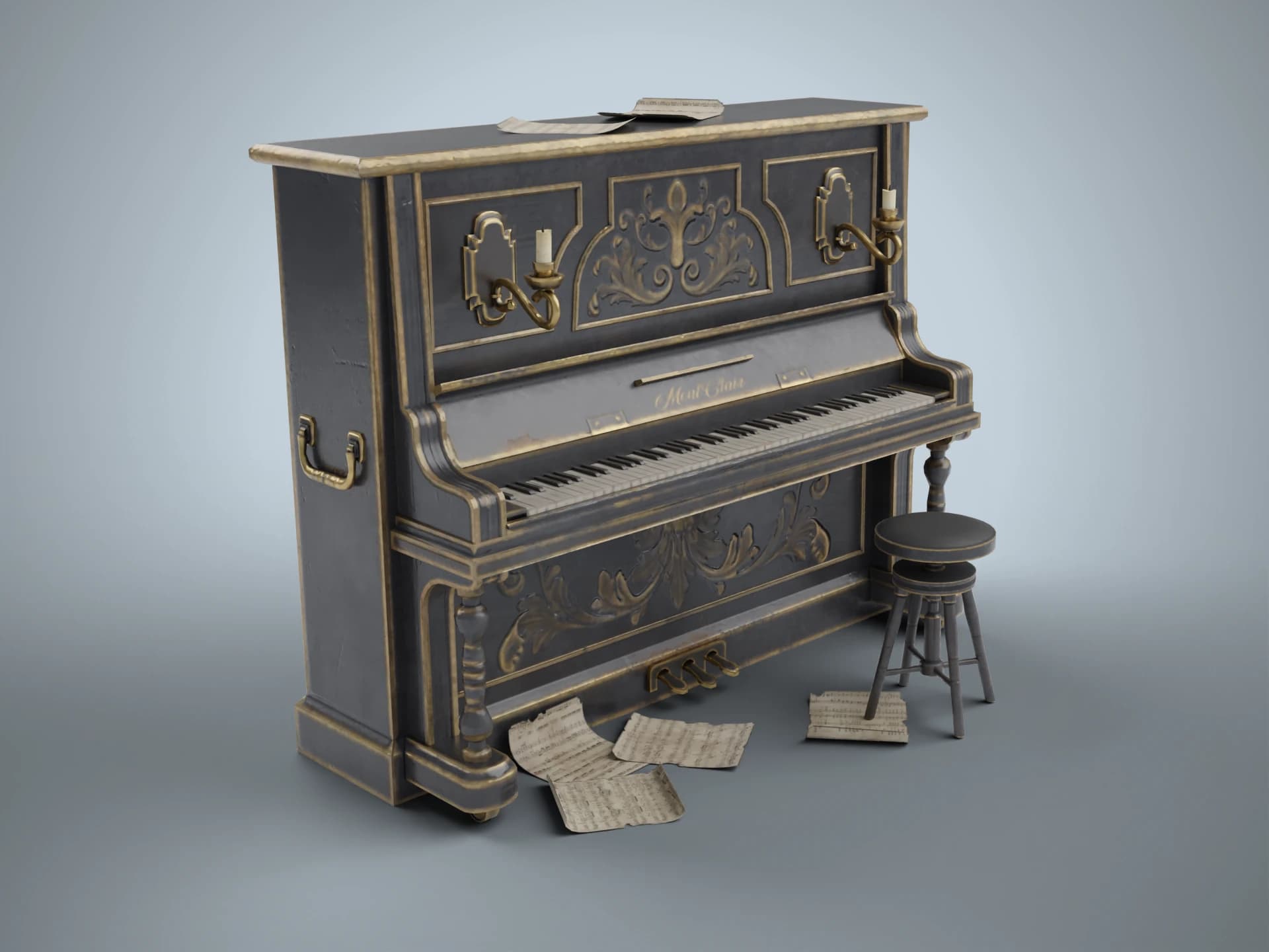 Ornate Antique Upright Piano 3D Model