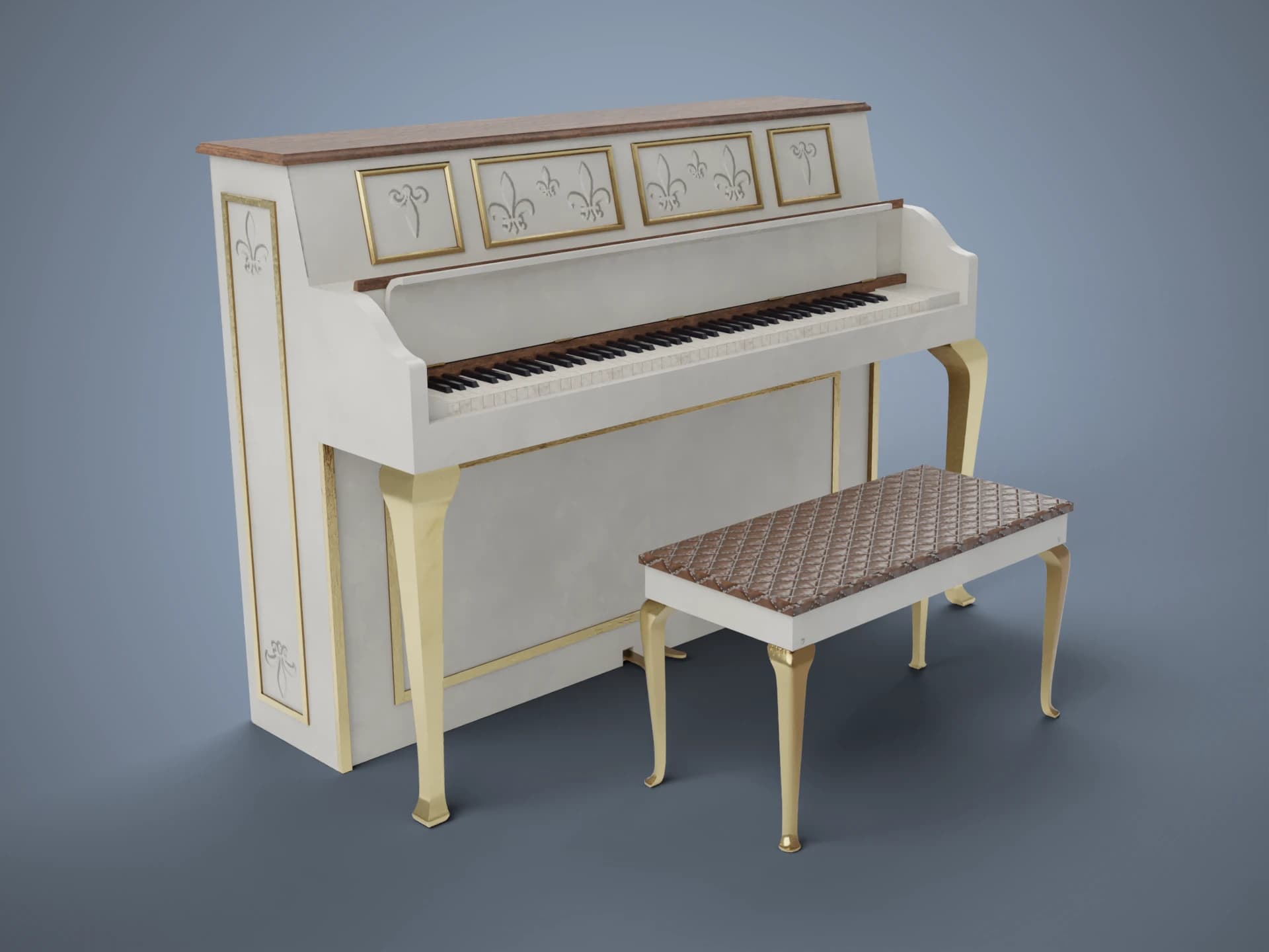 White Vintage Upright Piano with Bench 3D Model