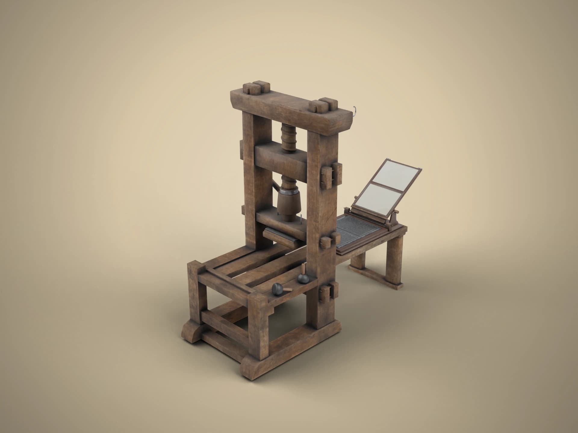 Wooden Gutenberg-Style Printing Press 3D Model