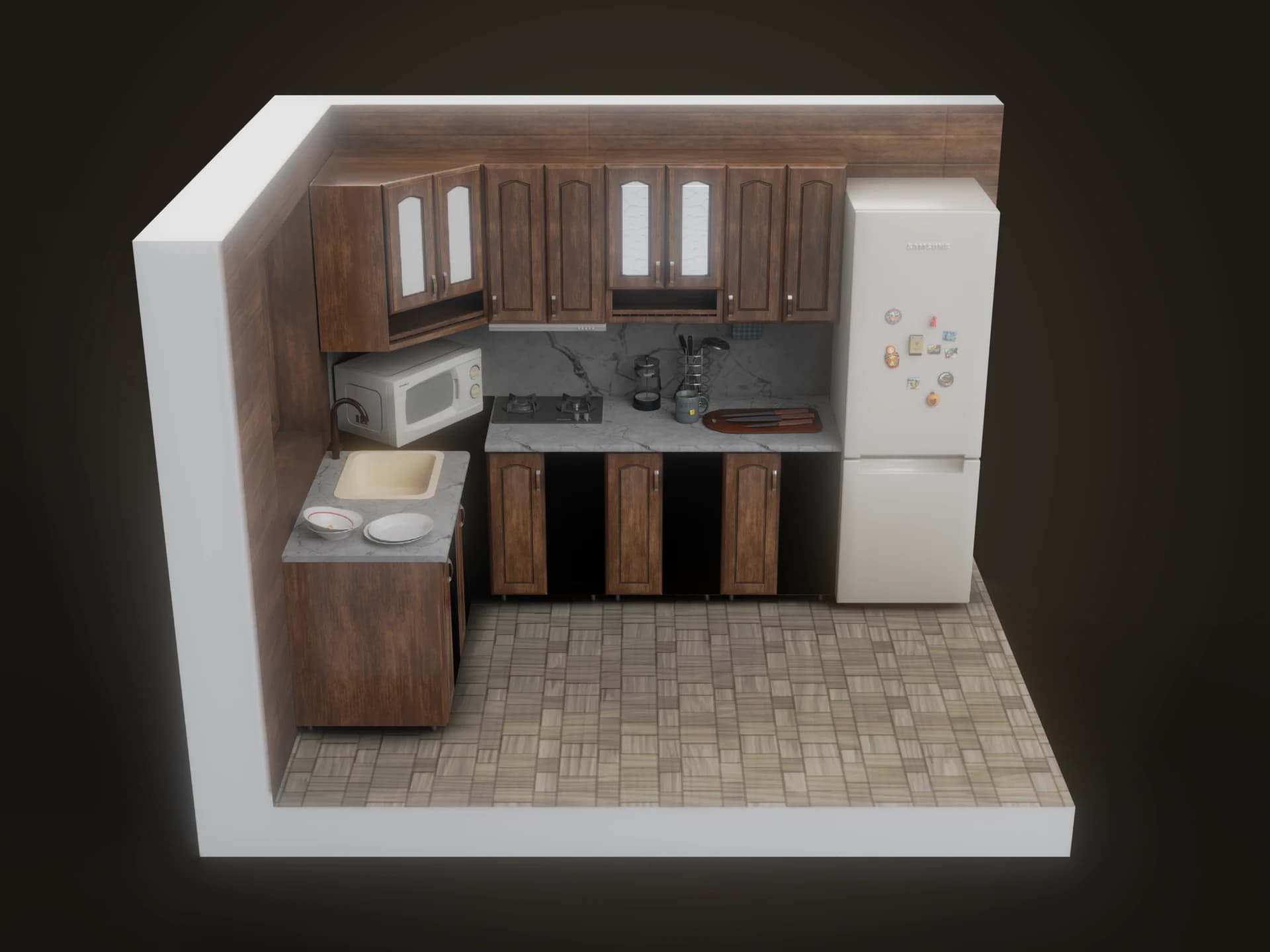 Small Wooden Kitchen Room 3D Model