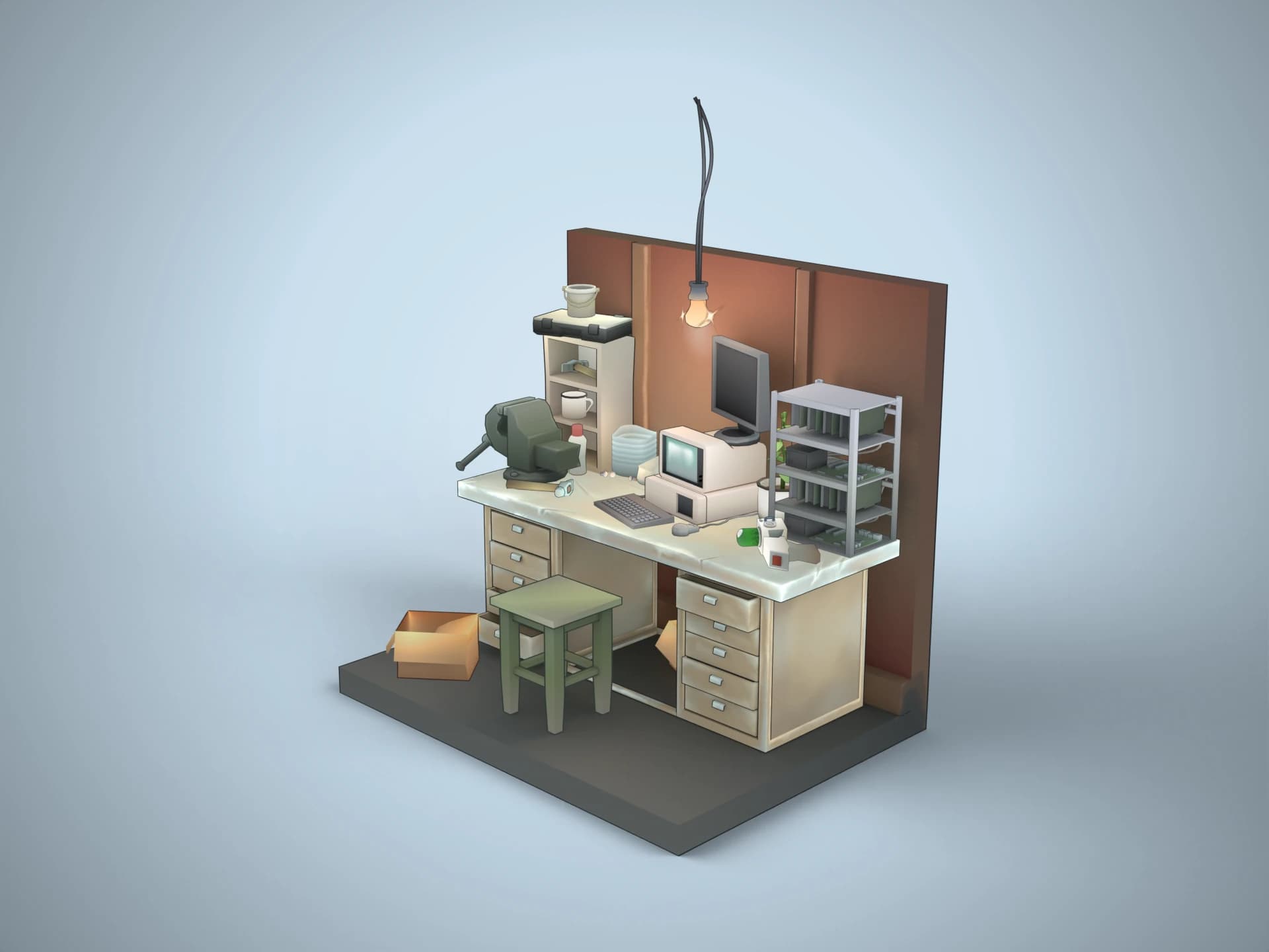 Cozy Retro Garage Workbench Diorama 3D Model
