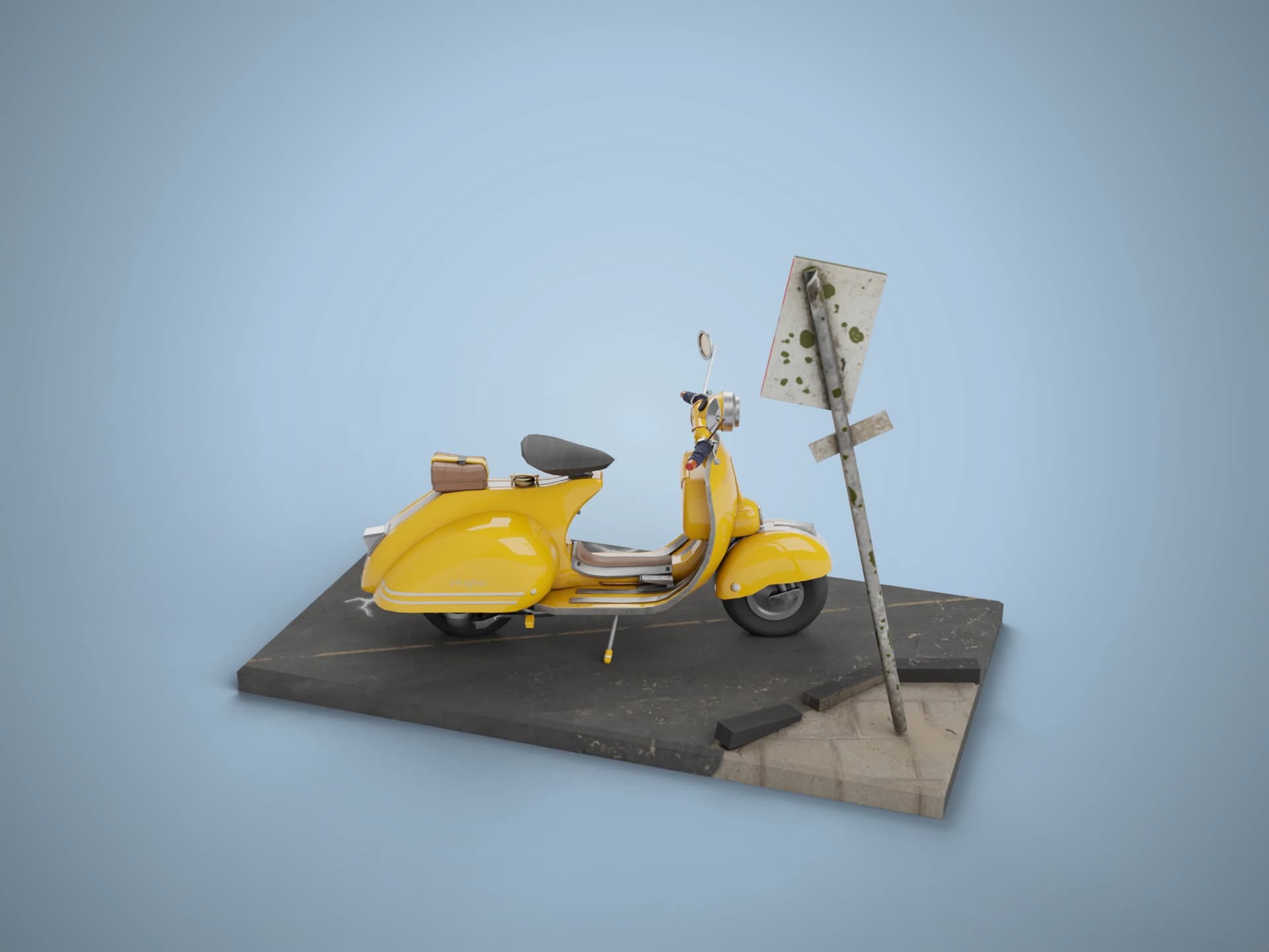Yellow Vintage Scooter by a No Parking Sign 3D Model