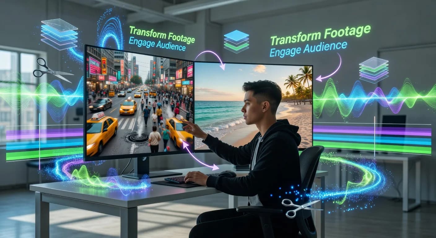 Video Editor Crafting Footage Transitions in Studio